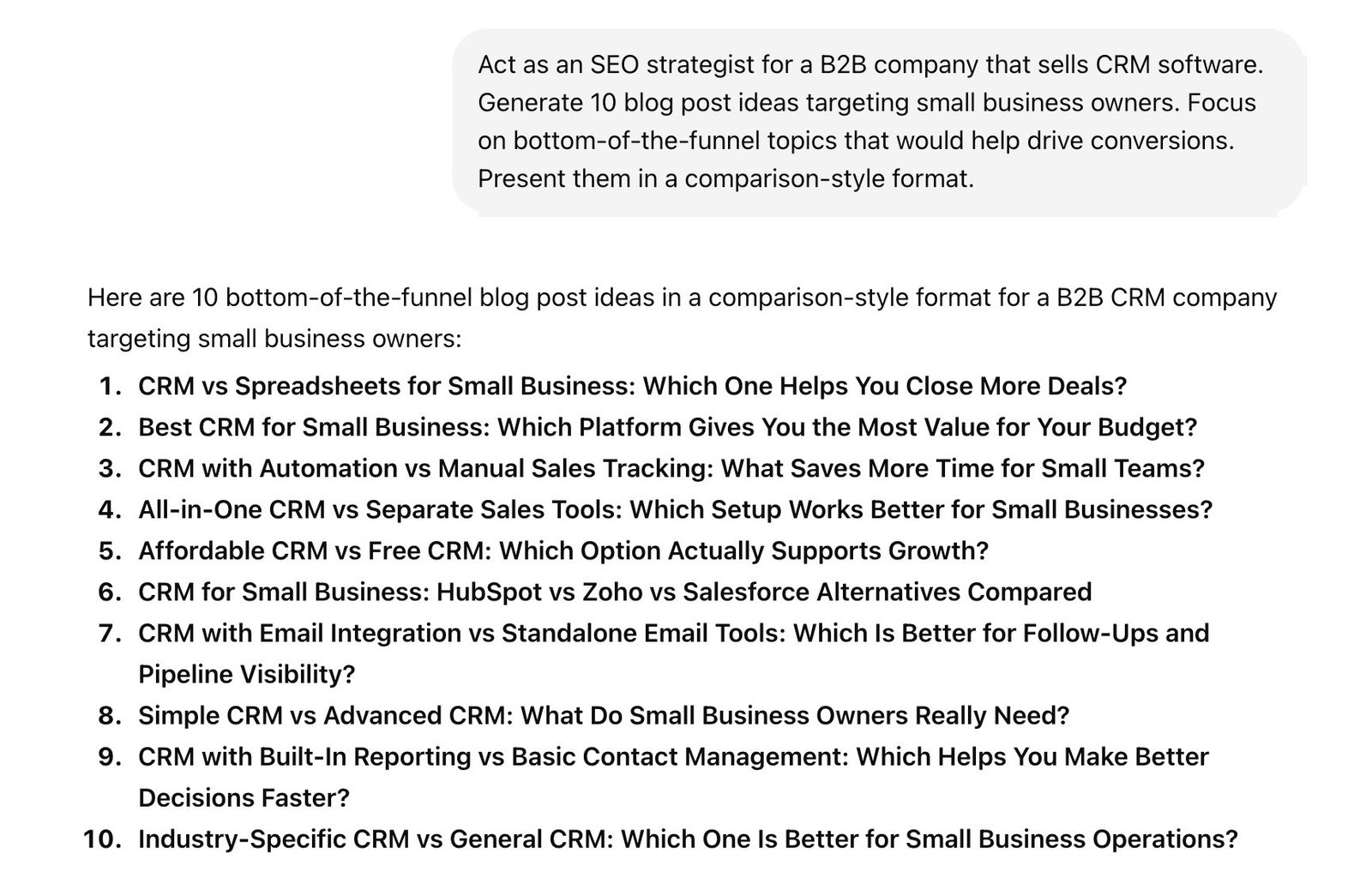 A list of content ideas, for a CRM software business, generated on ChatGPT based on a descriptive prompt.