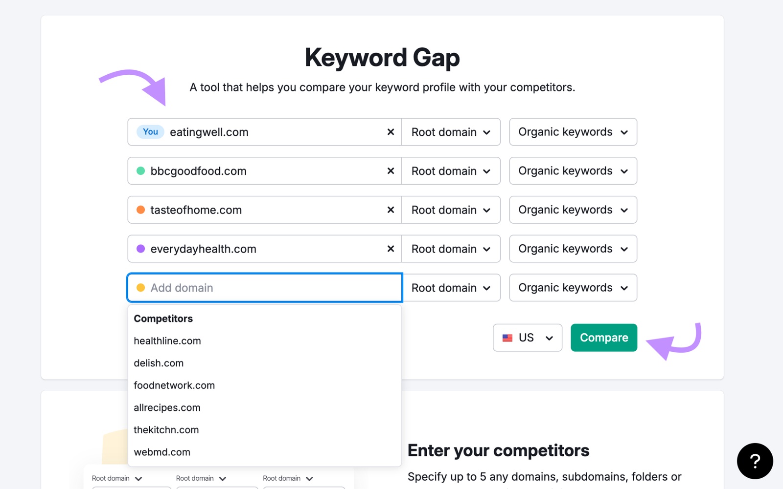 keyword gap start page