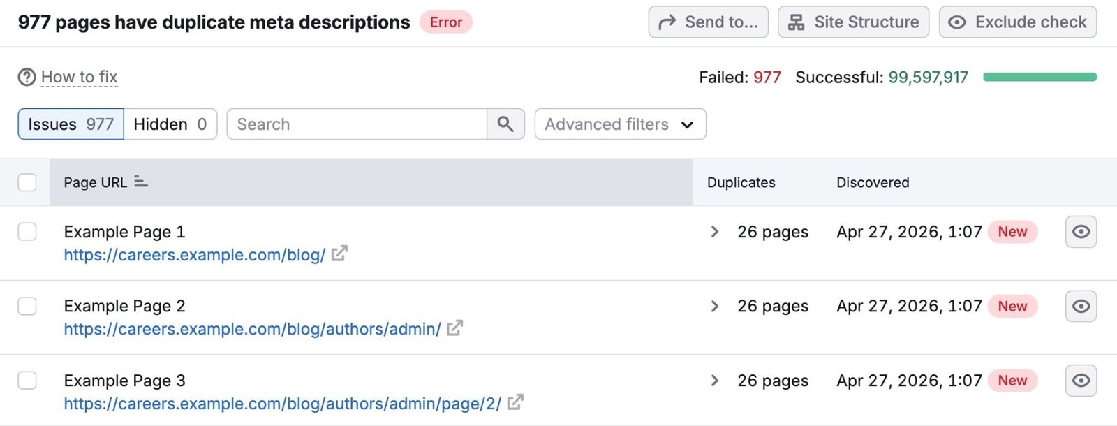 A list of pages with duplicate meta descriptions on Site Audit.