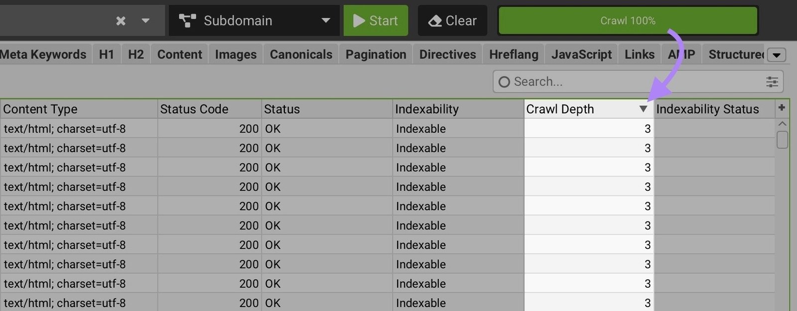 Screaming Frog with the "Crawl Depth" column highlighted showing pages sorted from high to low crawl depth.