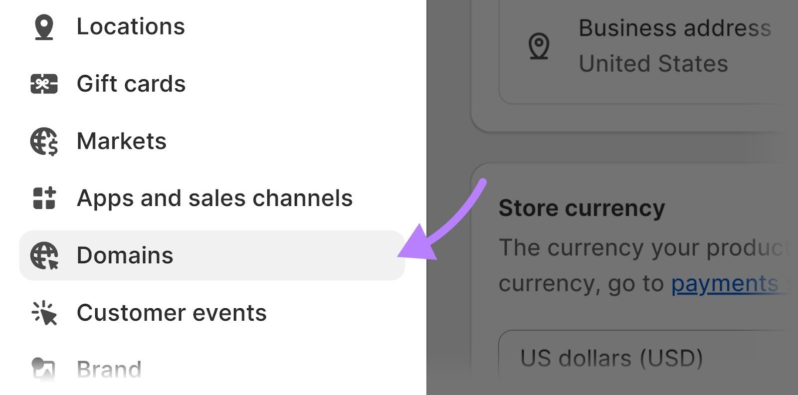 Settings dashboard with Domains option highlighted.