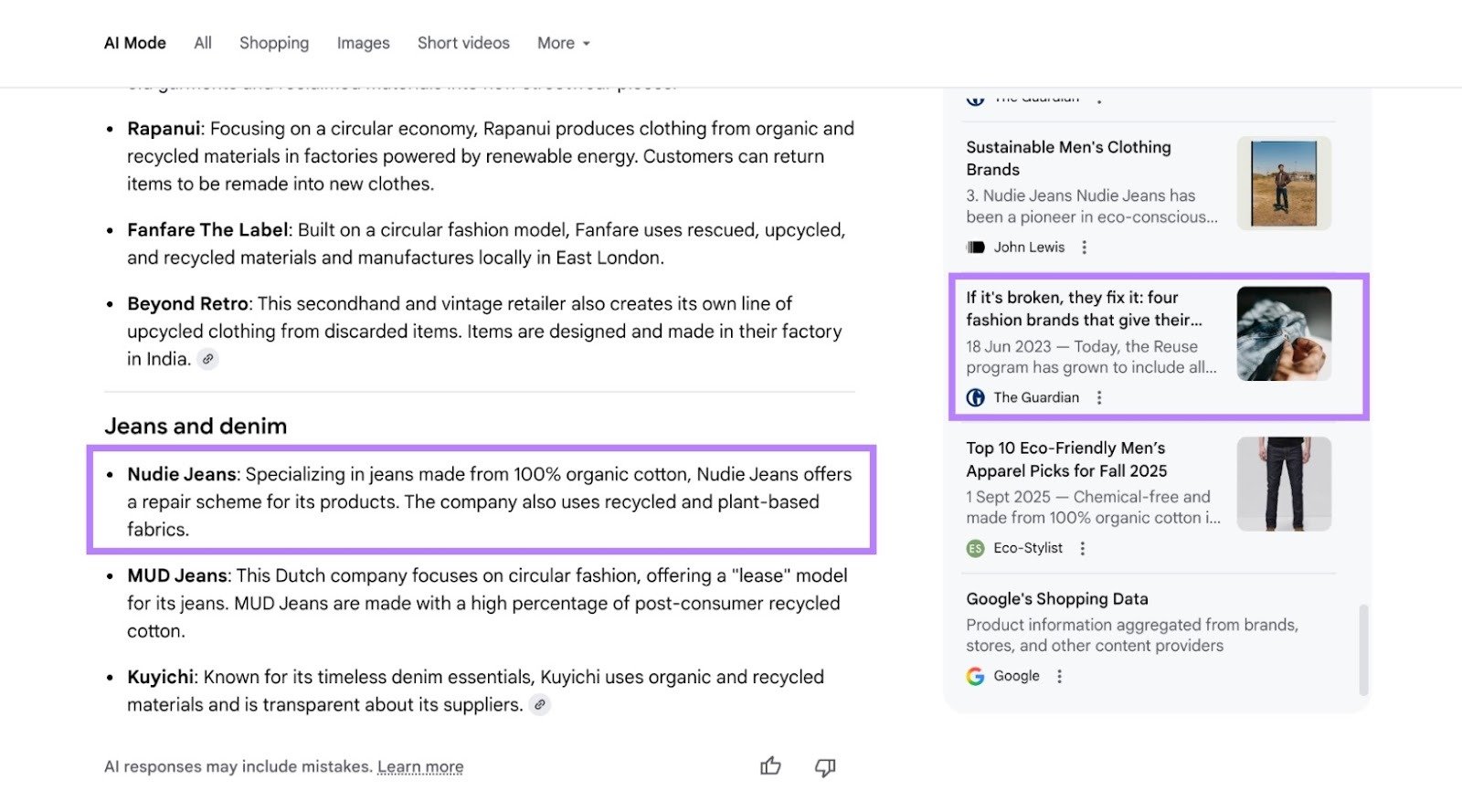 A response on Google's AI Mode with a brand mention and one of the sources highlighted.