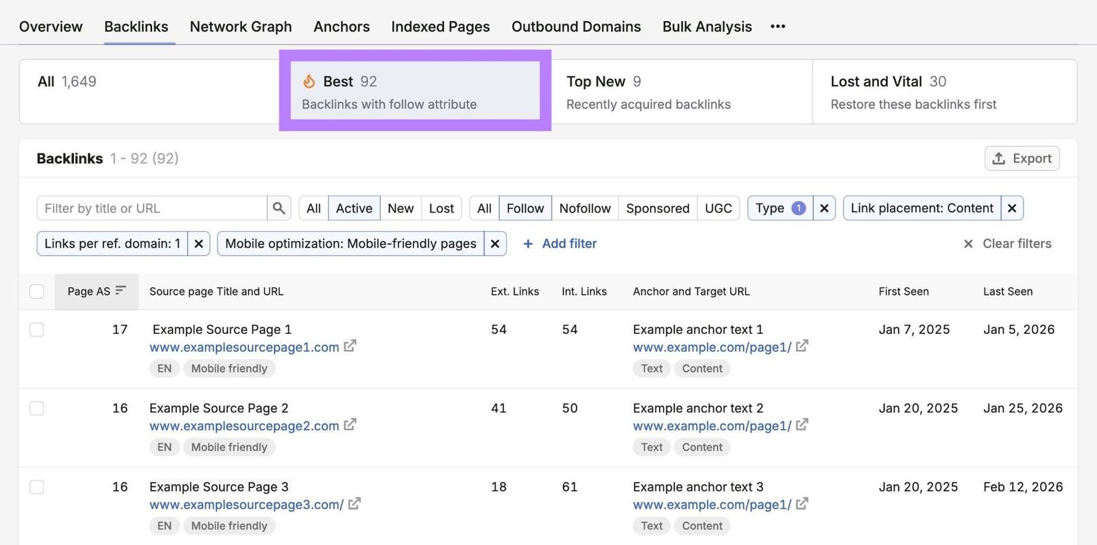 The "Best" backlink opportunities on the Backlink tool showing a list of broken, do-follow competitor backlinks.