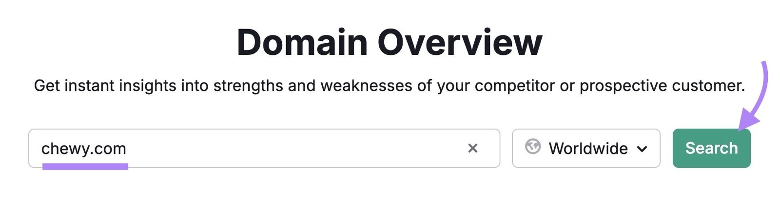 Domain Overview with "chewy.com" entered as the domain and "Search" clicked.