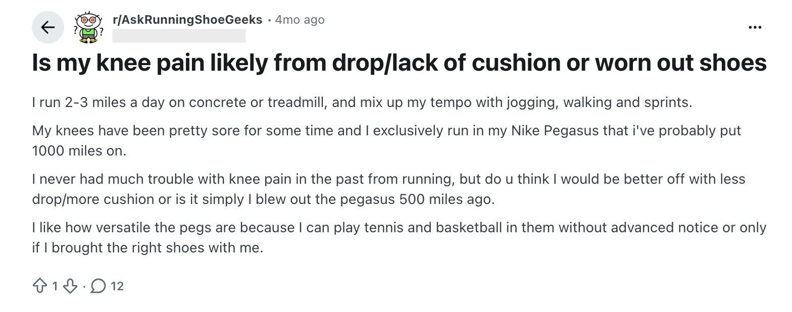 A Reddit post where a user is asking whether knee pain is related to a lack of cushion or worn out shoes.