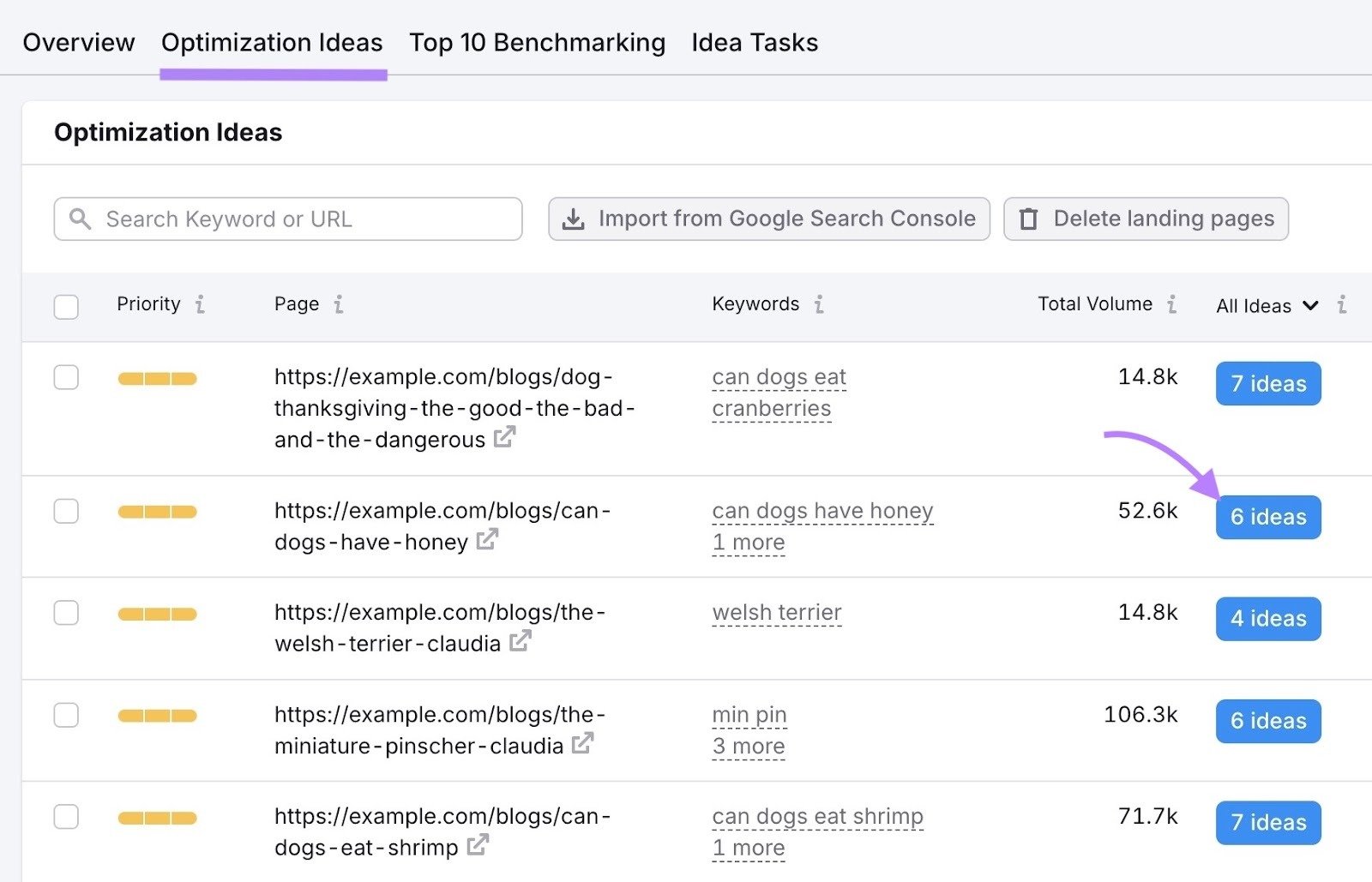 The "Optimization Ideas" tab on the On Page SEO Checker with the "ideas" button next to a page's URL clicked.