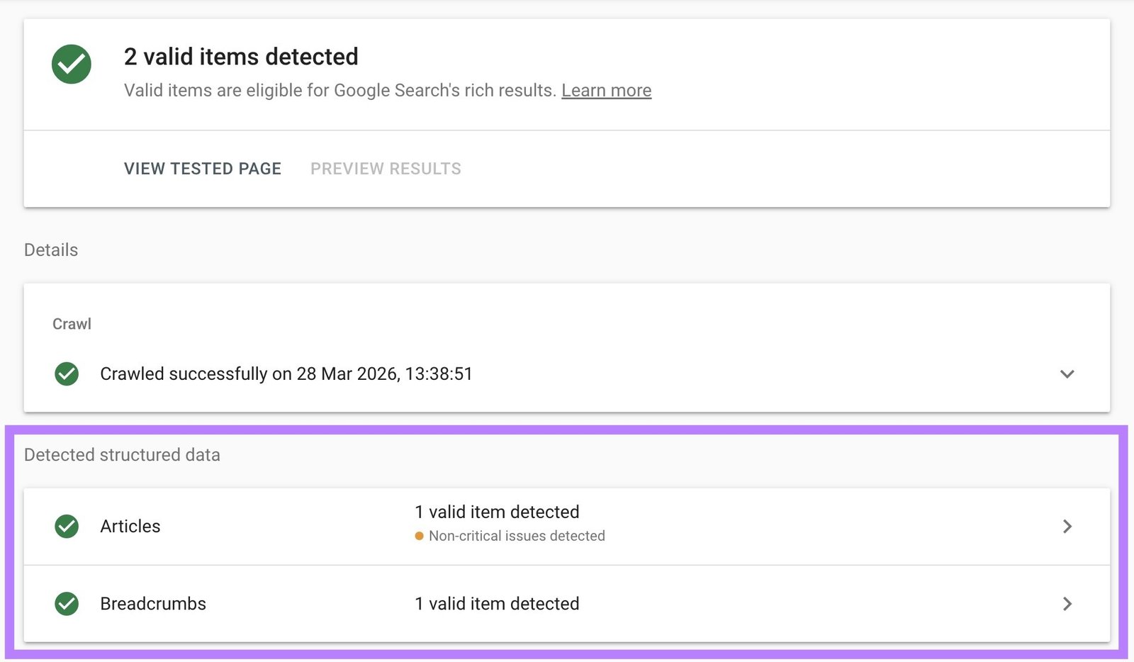 Rich Results Test showing which structured data types are detected for a page.