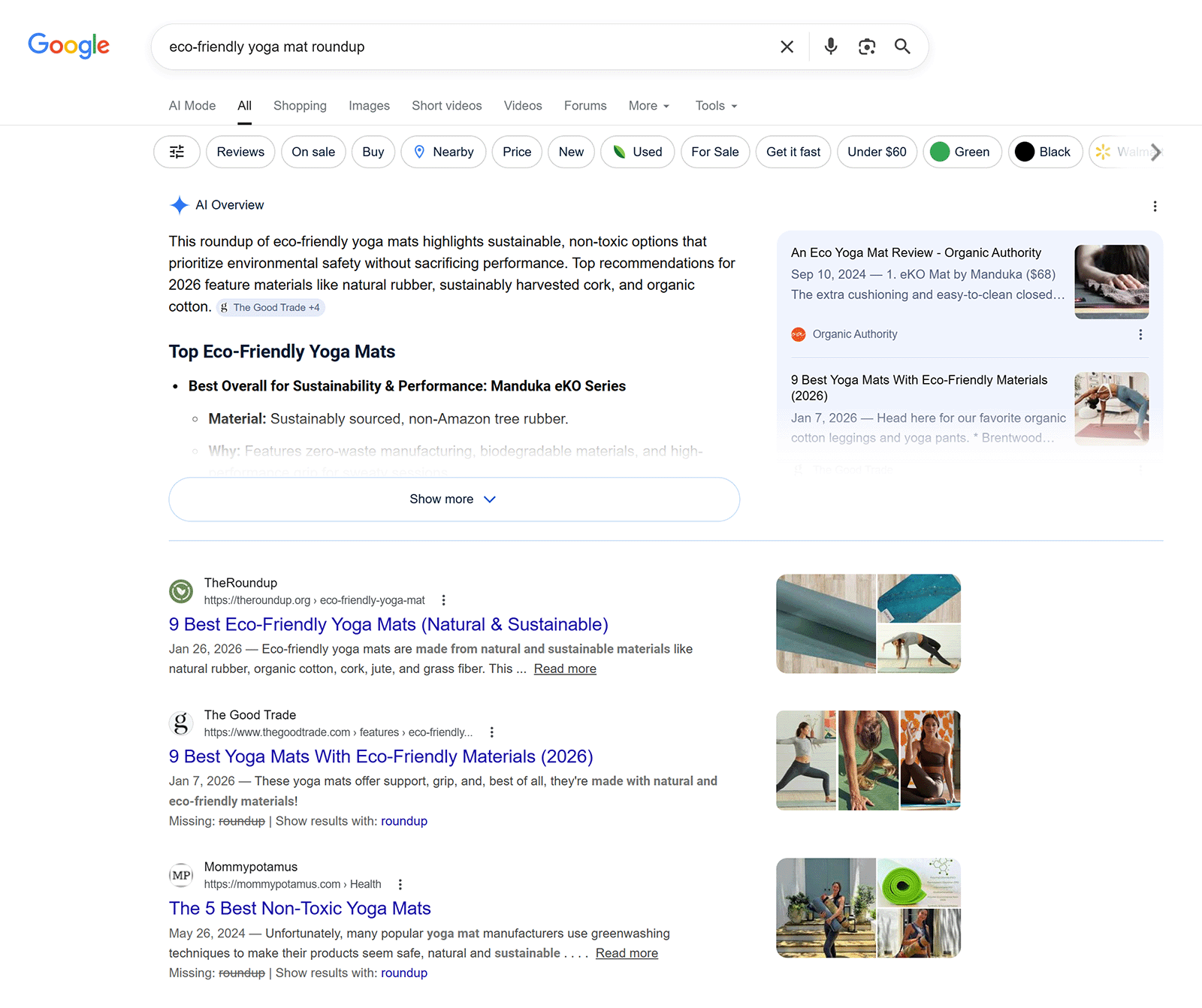 Google search results for eco-friendly yoga mats showing roundup articles and AI overview