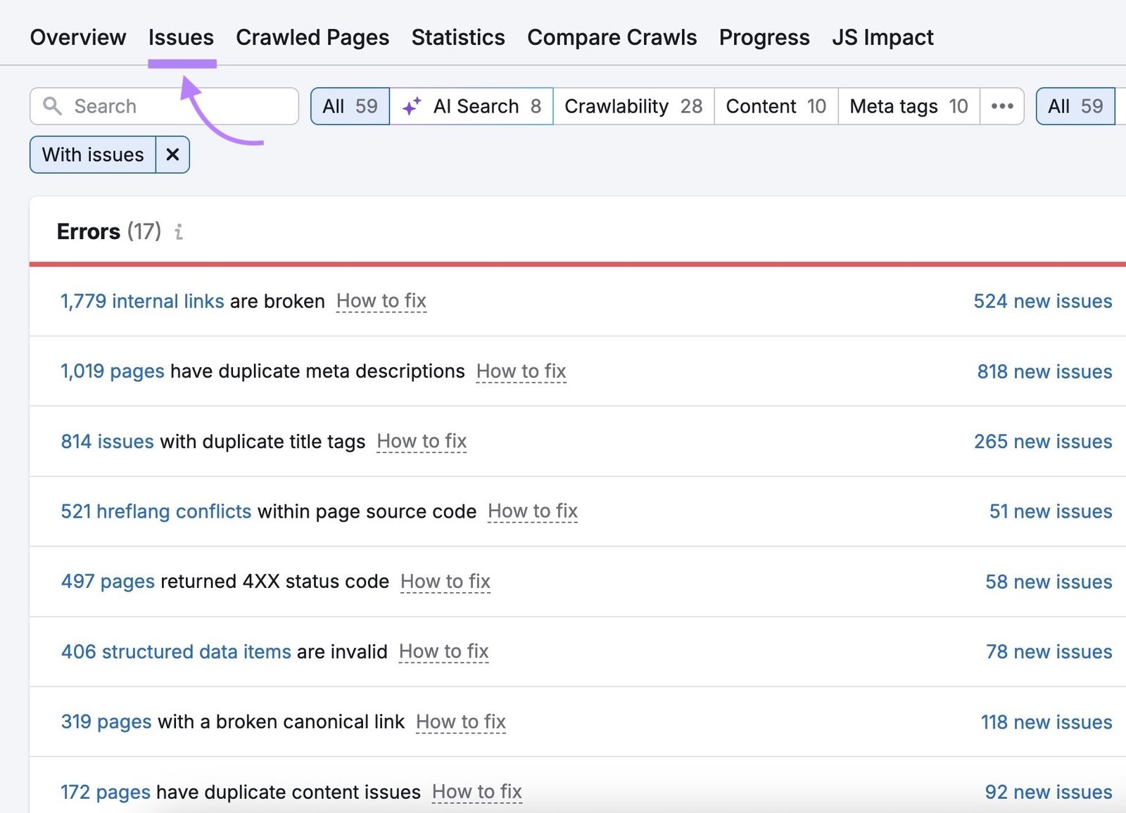 The "Issues" tab on Site Audit showing a list of errors affecting a domain.