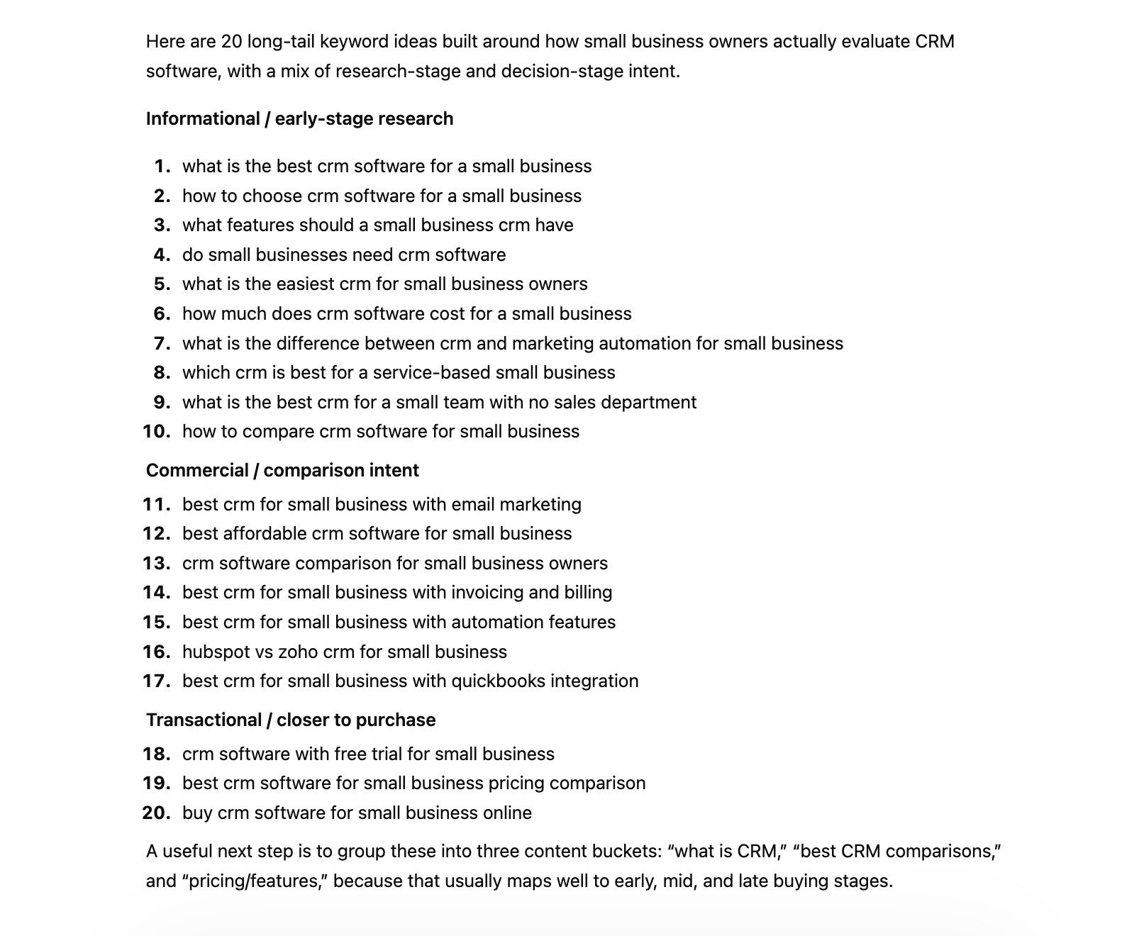 A list of long-tail keyword ideas, for a CRM software business, generated on ChatGPT based on a descriptive prompt.