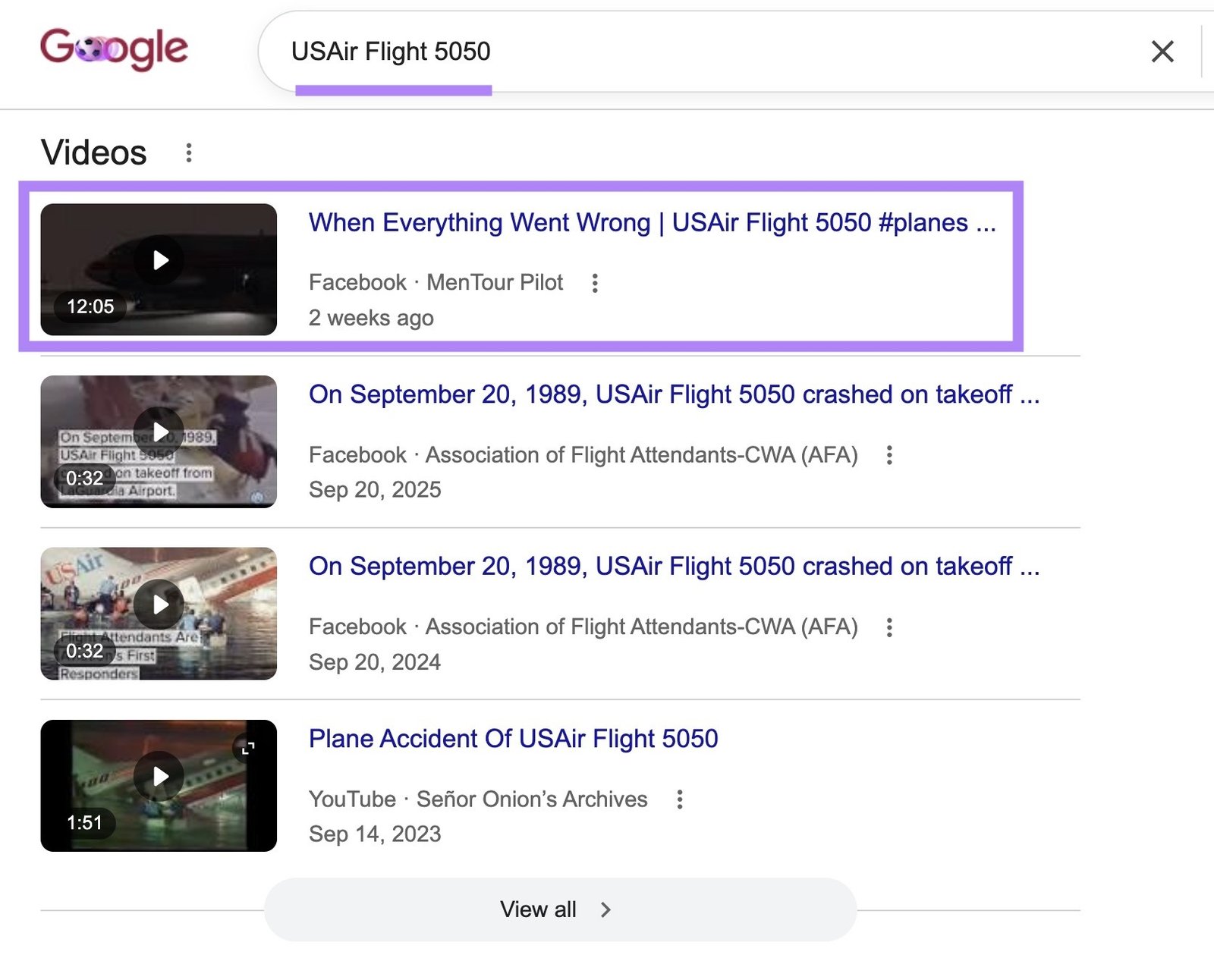 Google SERP with "USAir Flight 5050" entered with the top video result highlighted.