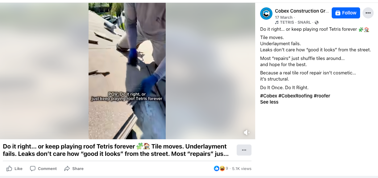 Facebook post by Cobex Construction Group featuring a video on long-lasting roof repairs.