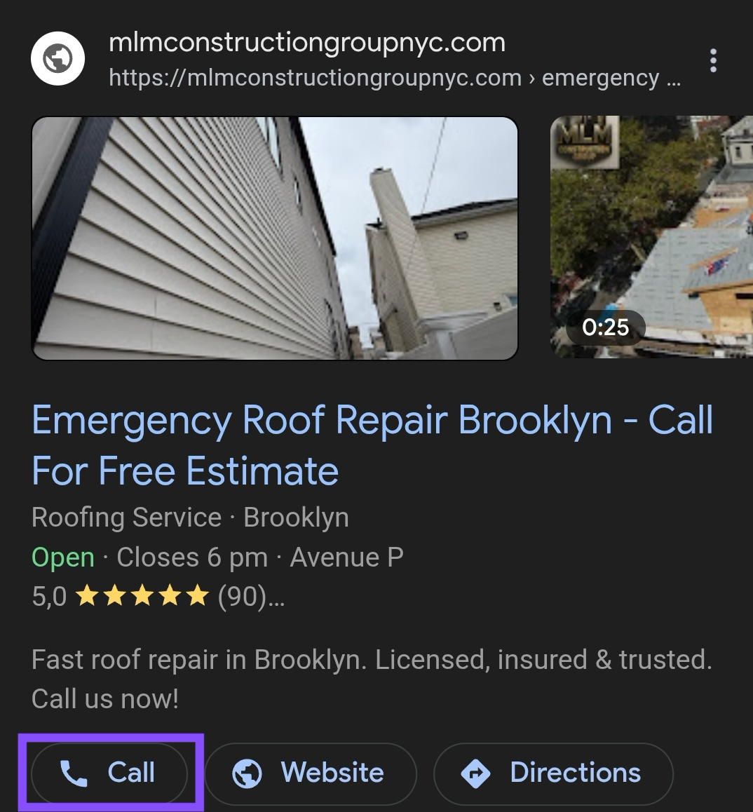 Google search ad for a Brooklyn Emergency Roof Repair company with a 'Call' button highlighted.