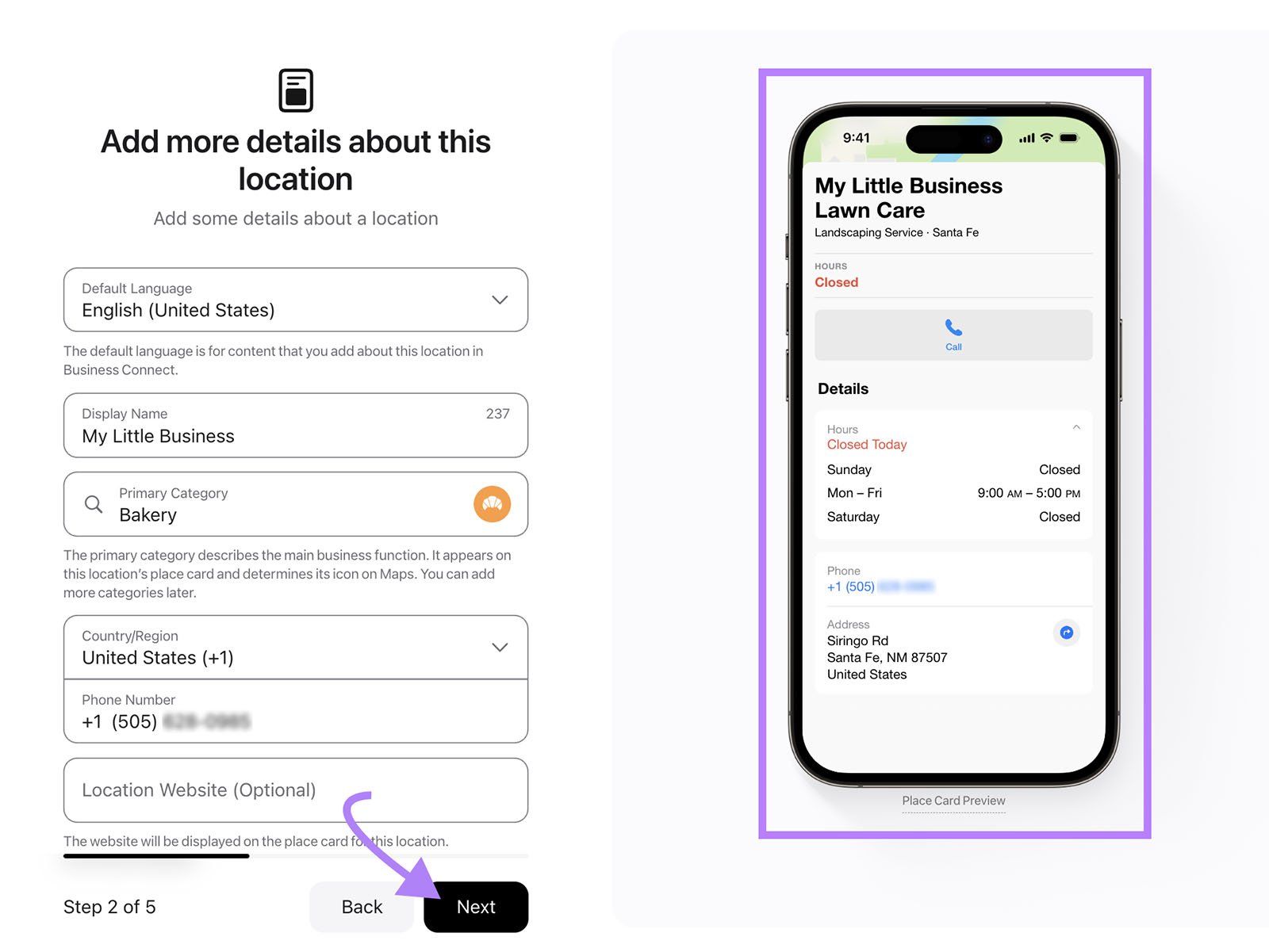 Form with language, name, category, country, phone, and website. Purple arrow points to Next.