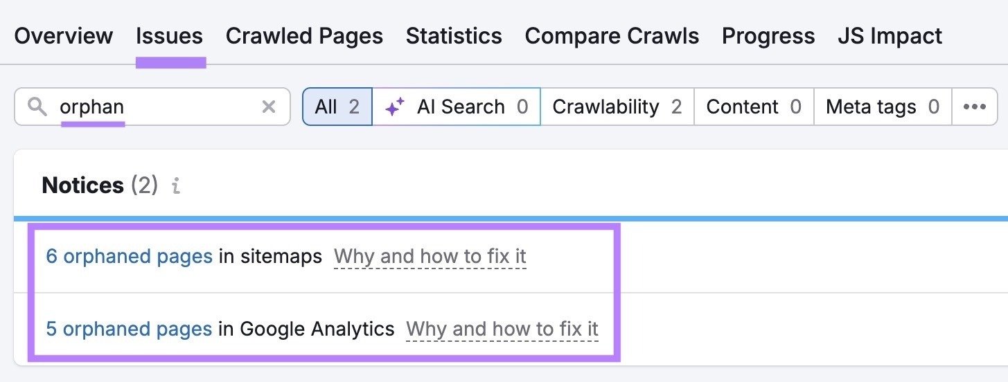 The "Issues" tab on Site Audit with "orphan" entered showing orphaned pages dected in sitemaps and Google Analytics.