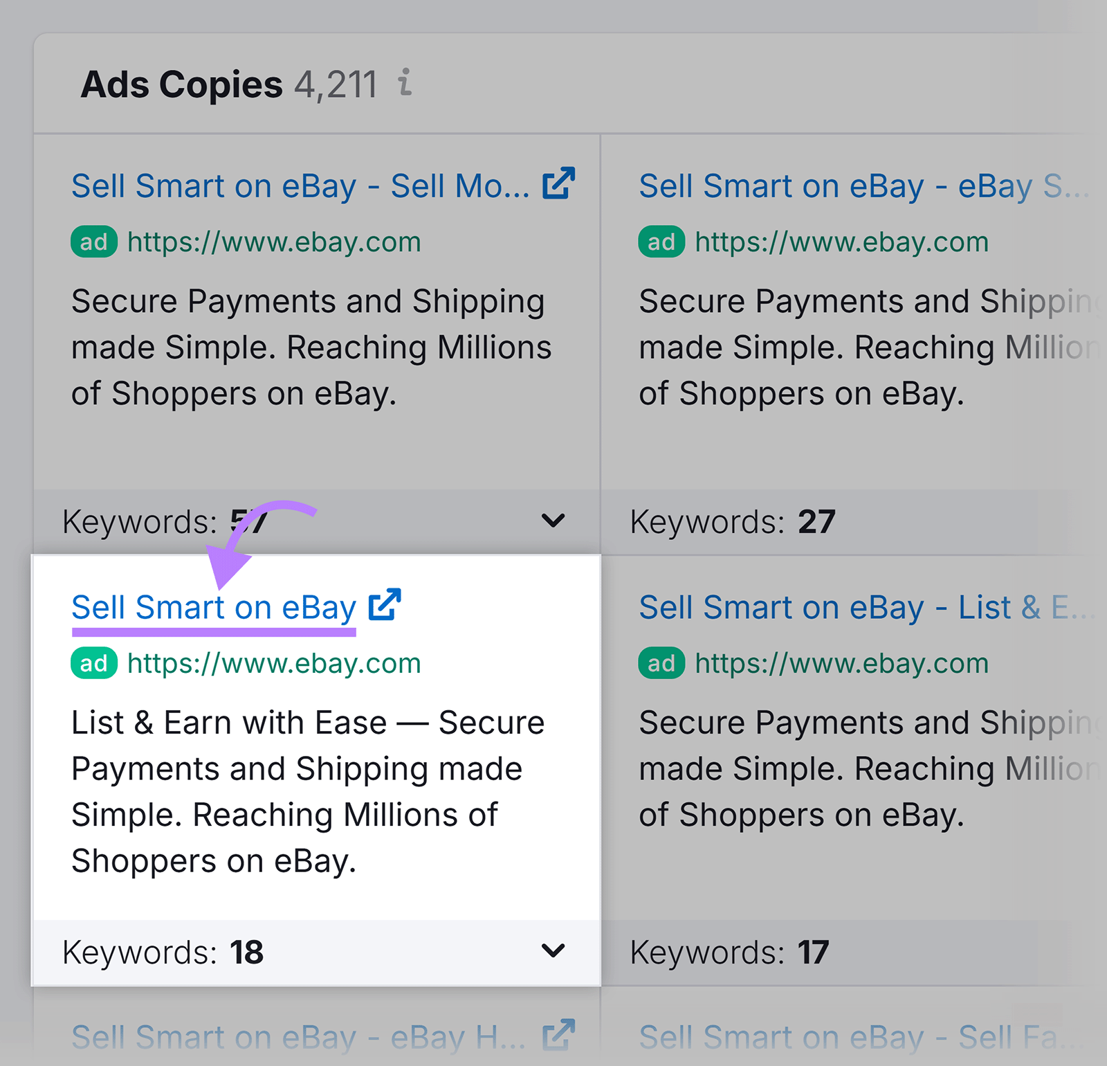 PPC ad variation in Semrush Ads Copies report with clickable headline highlighted