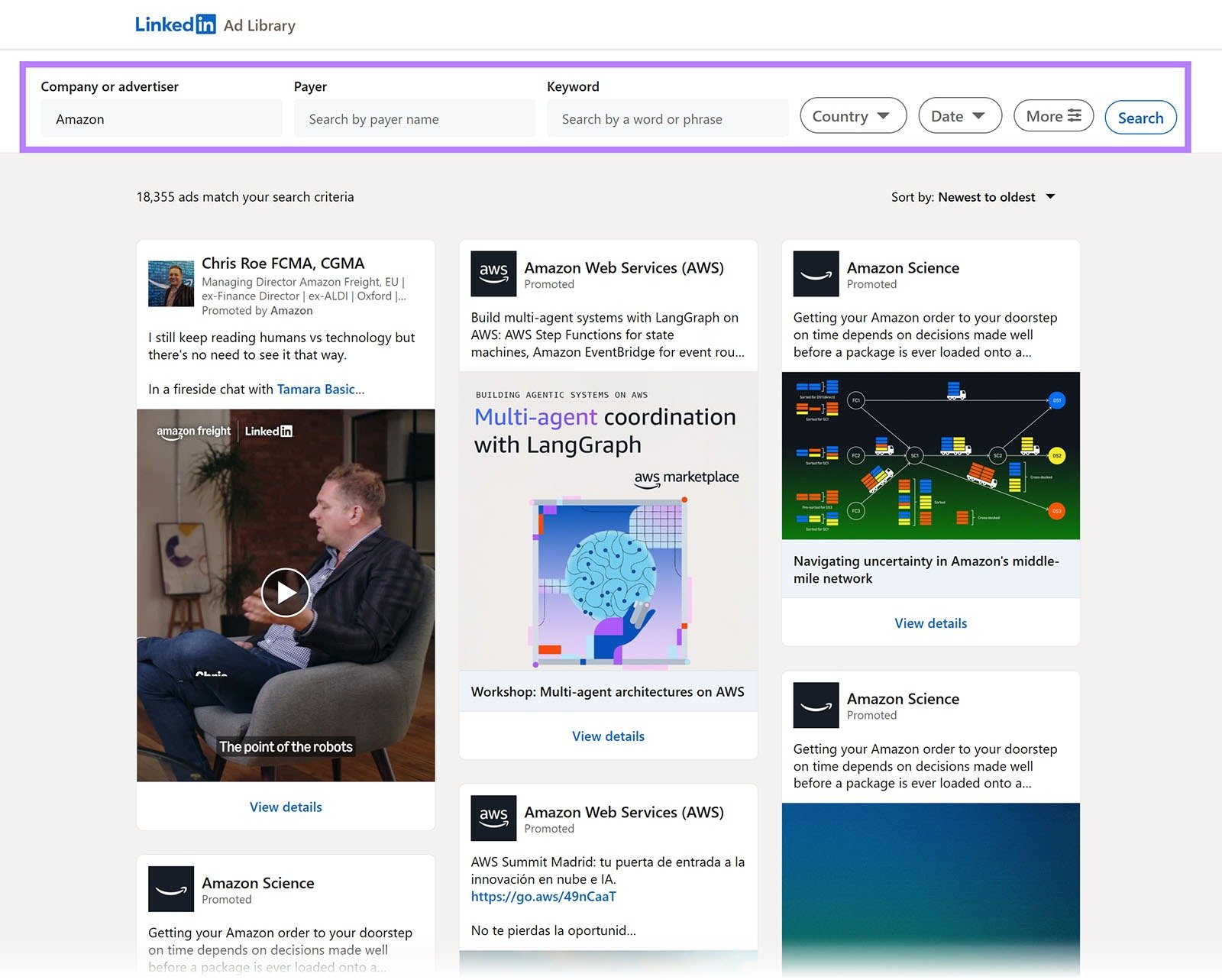 LinkedIn Ad Library search results page displaying Amazon sponsored ads and filter options