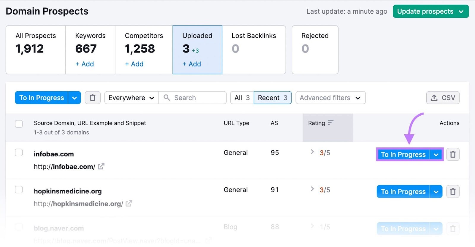 "Domain Prospects" tab in Link Building Tool