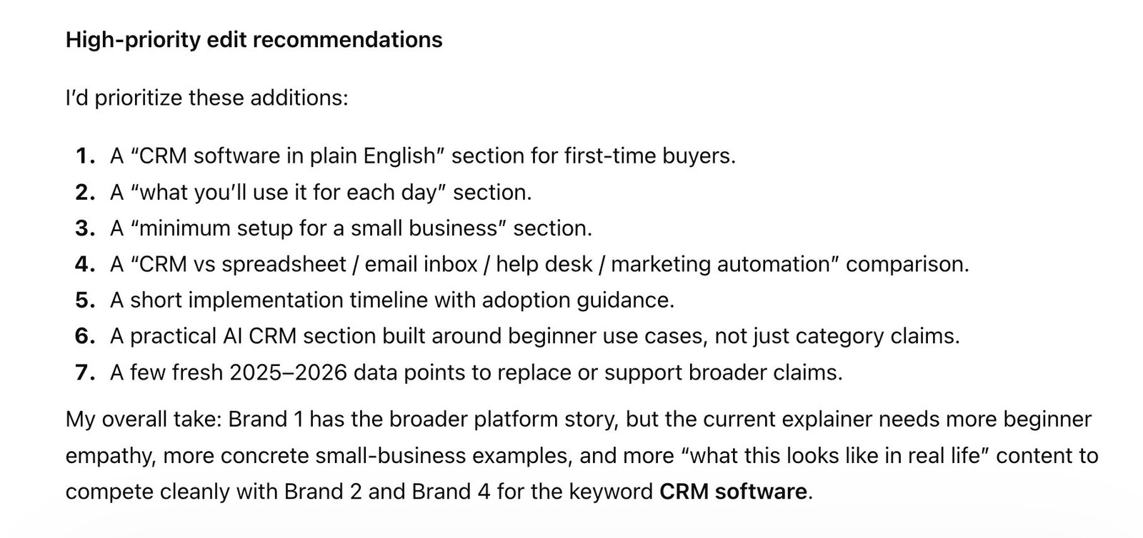 A list of content optimization ideas for a blog post generated on ChatGPT.
