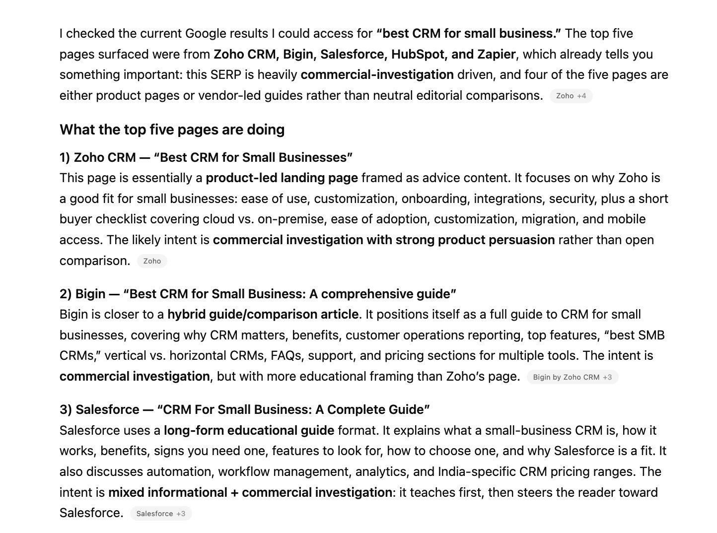 A response on ChatGPT analyzing the top ranking pages with a summary of intent, main topics covered, and format.