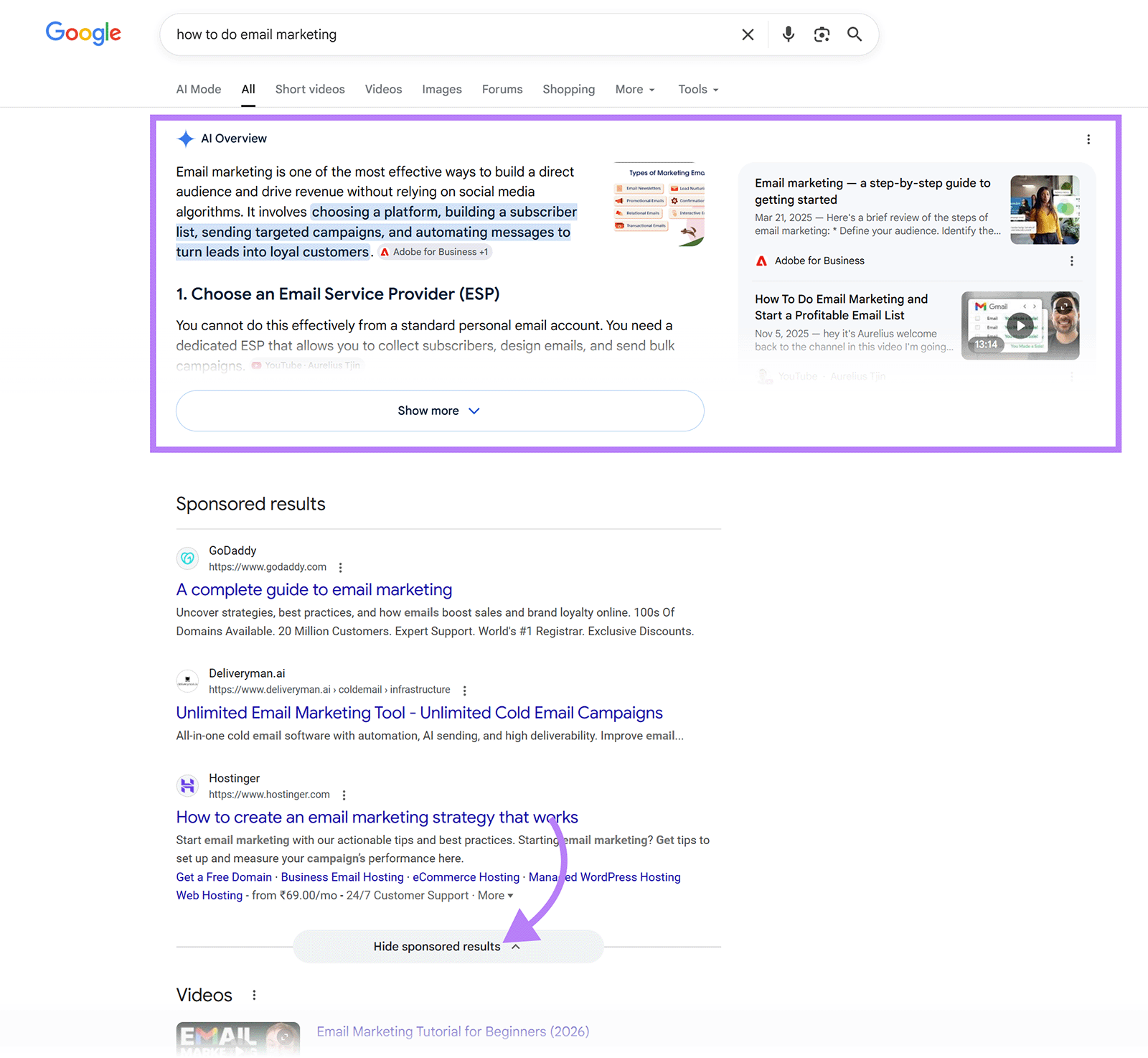 Google search results page with AI Overview and sponsored email marketing ads highlighted
