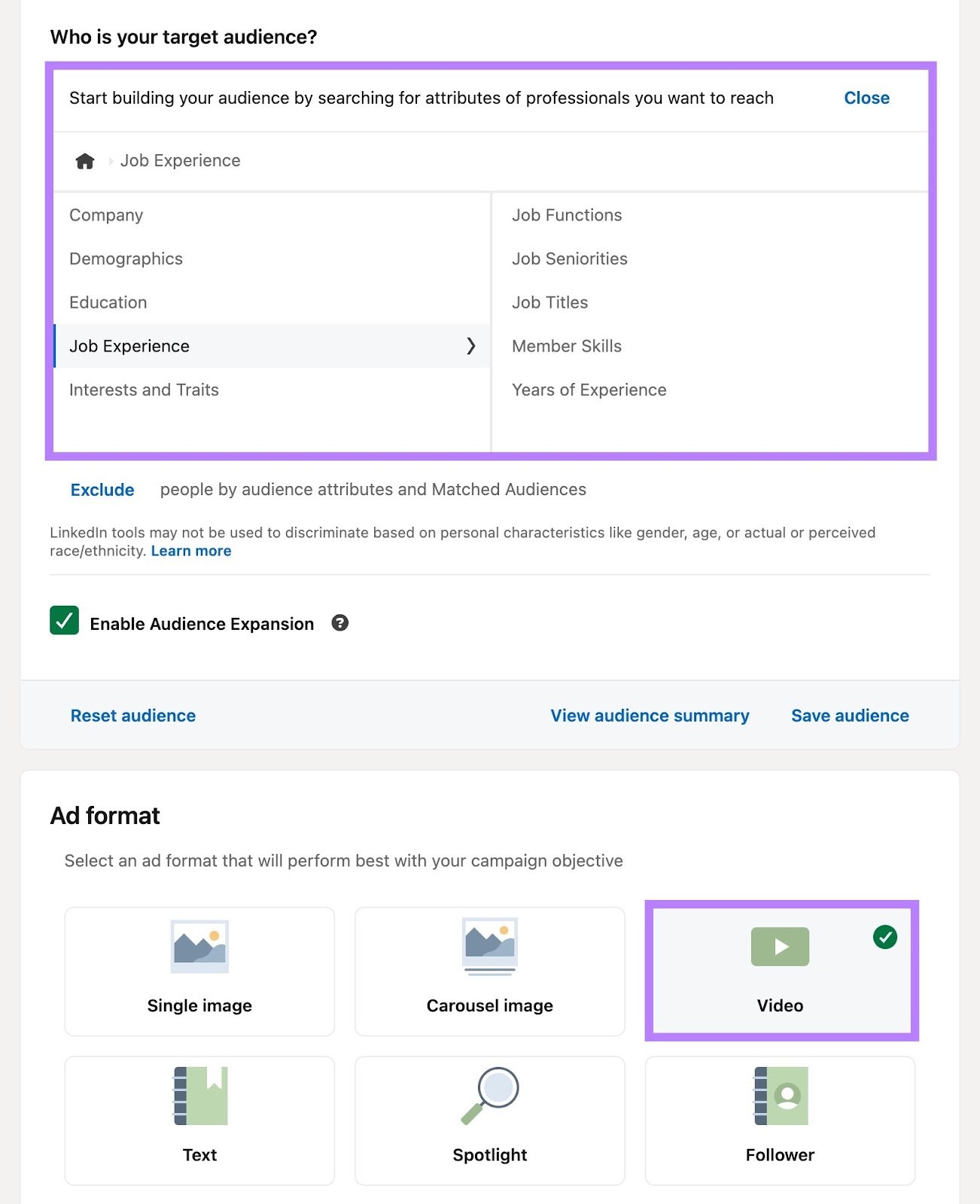 Targeting settings on LinkedIn Ads Manager with options to target based on company, demographics, job experience, etc.