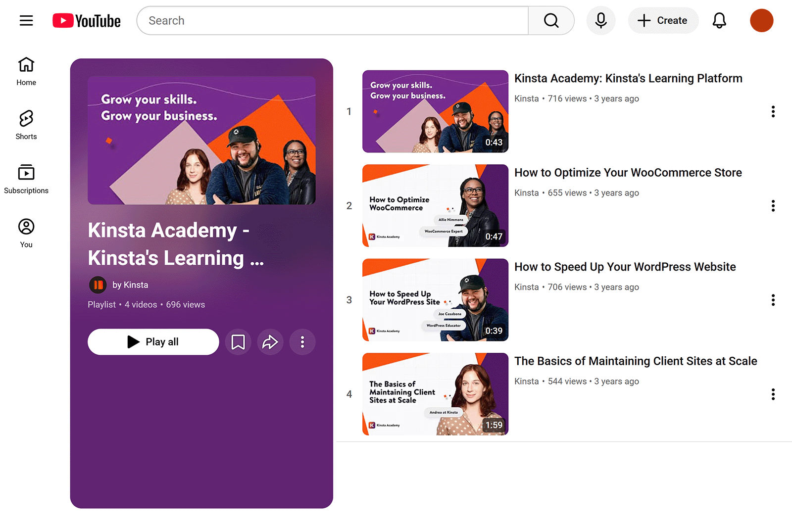 YouTube playlist page featuring Kinsta Academy educational videos and learning resources