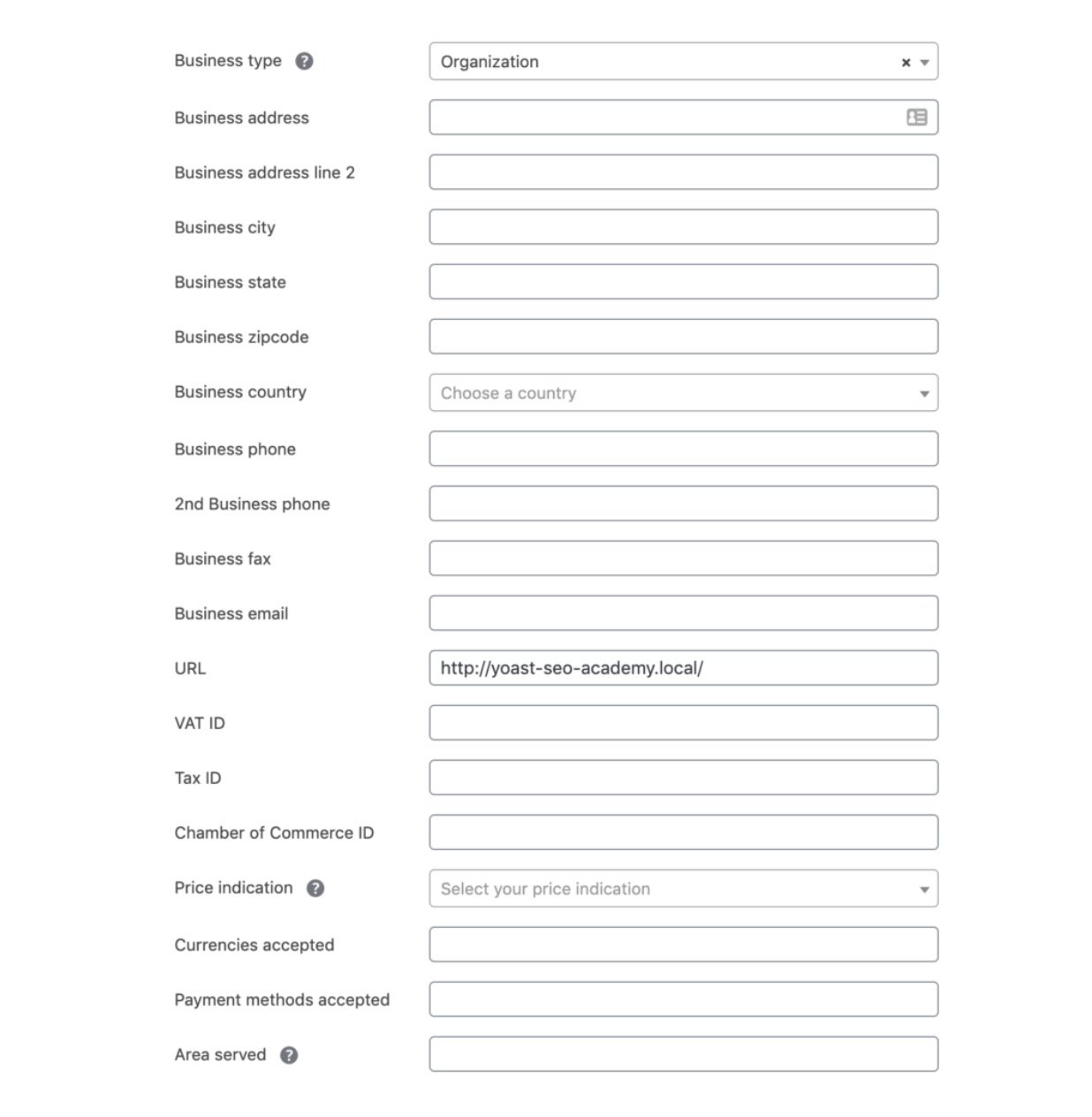 Yoast Local SEO with input fields to add key business details to implement local business schema.