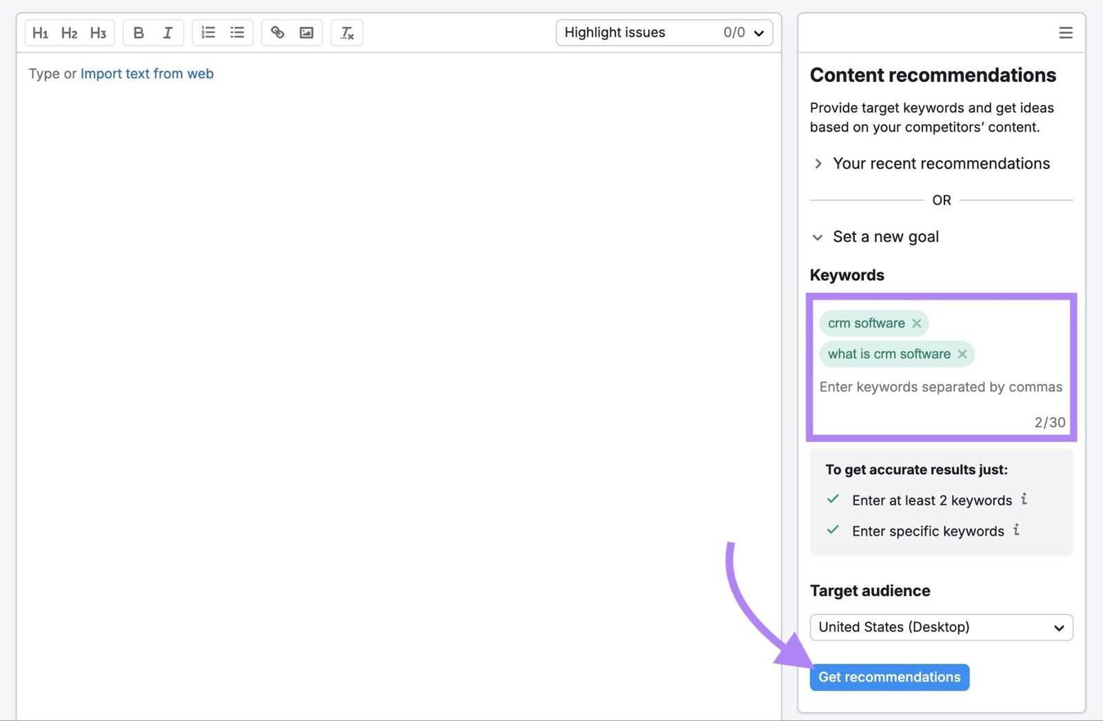 SEO Writing Assistant with target keywords entered and "Get recommendations" clicked.