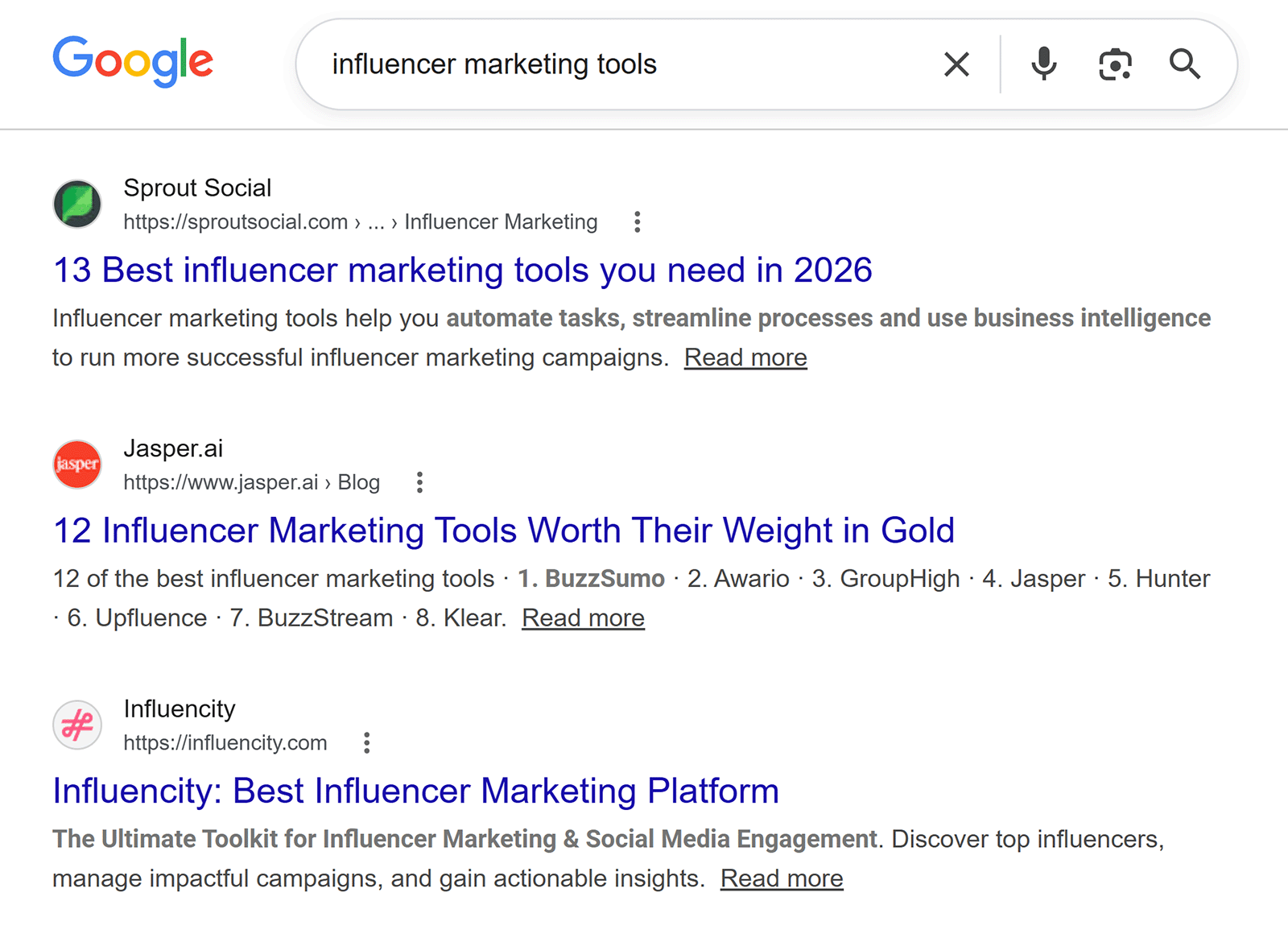 Google results for “influencer marketing tools” featuring list articles from Sprout Social, Jasper, and Influencity