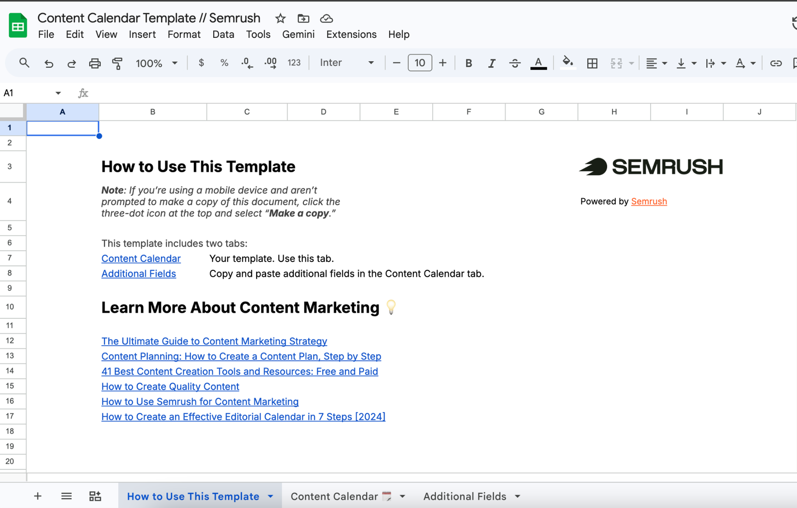 First page of a Semrush content calendar template in Google Sheets.