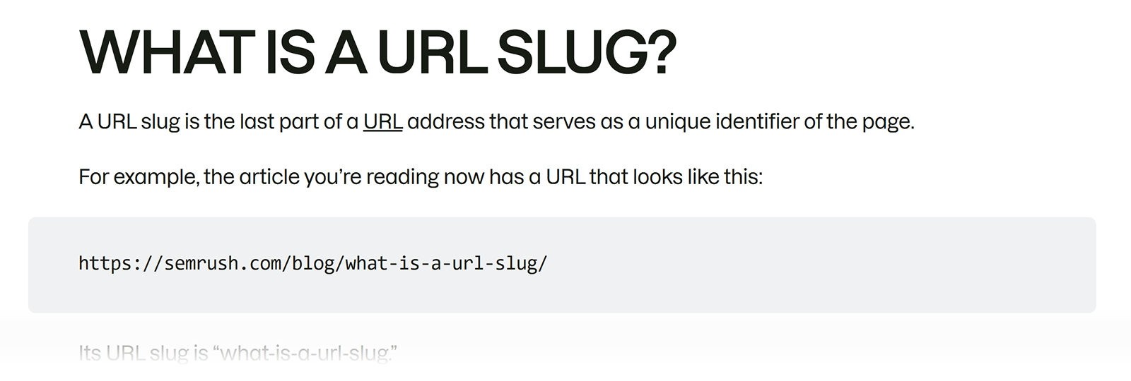 Blog section explaining what a URL slug is with example URL structure highlighted.