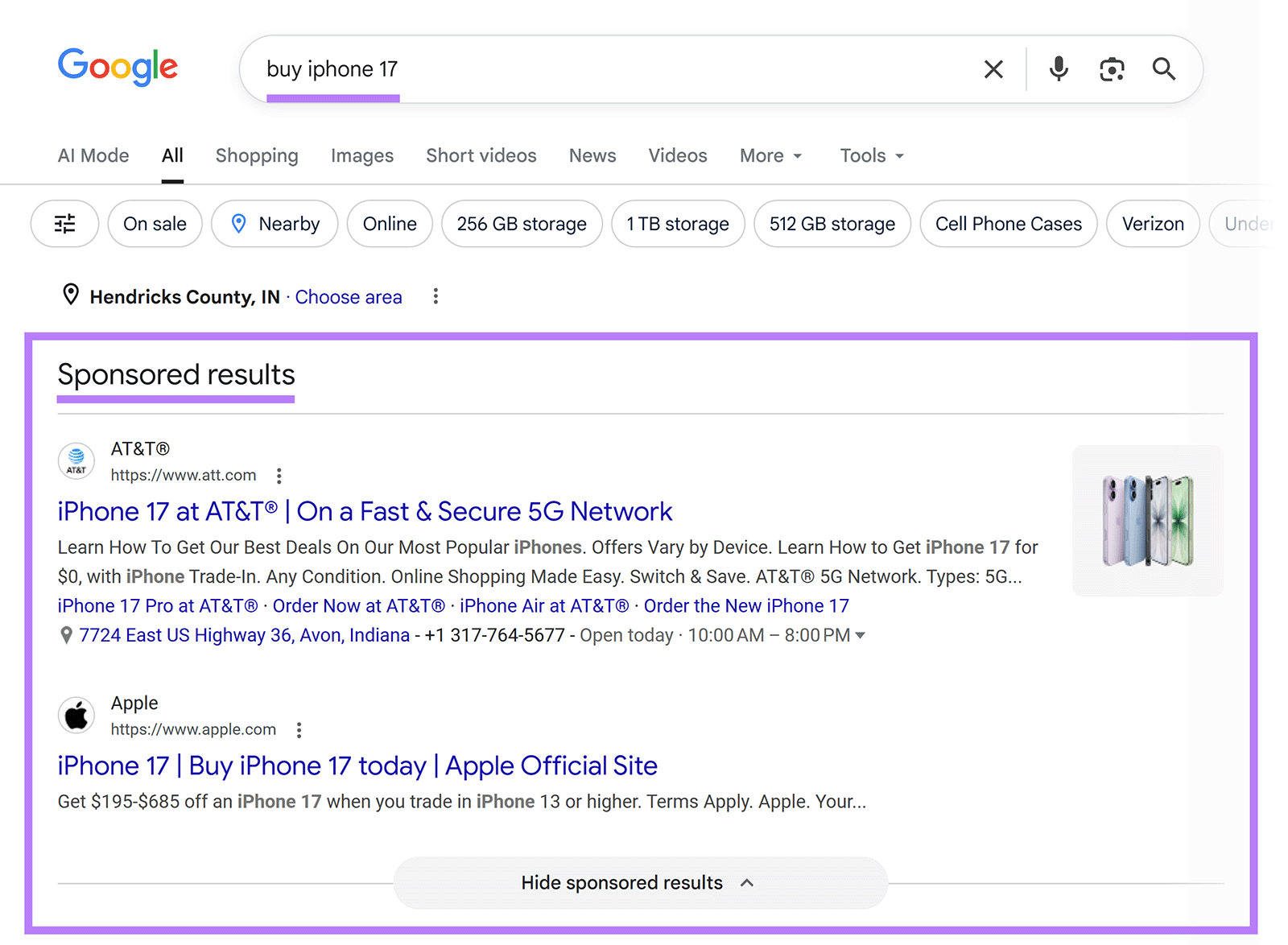 Google search results for “buy iphone 17” showing sponsored ads from AT&T and Apple