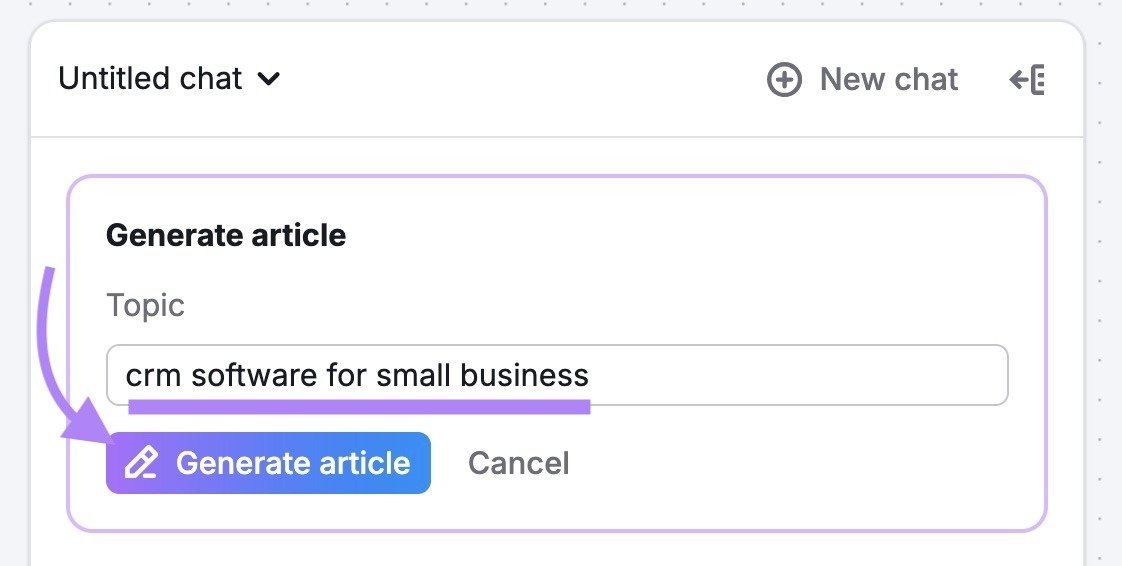 "crm software for small business" entered as the topic and "Generate article" clicked on the AI Article Generator.