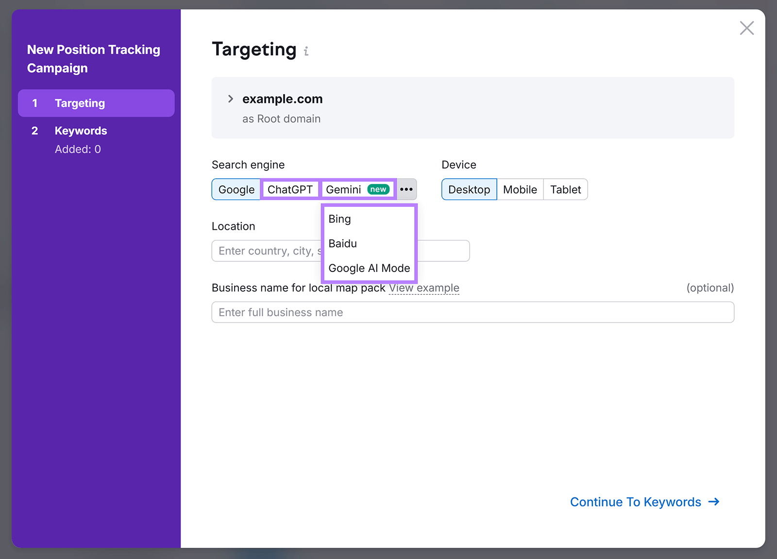 Semrush Prompt Tracking setup showing AI targeting options highlighted
