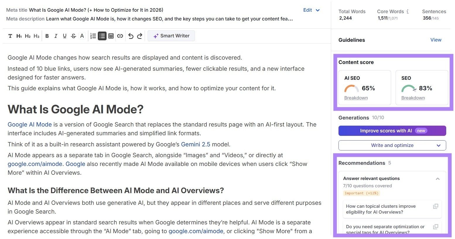 Content Optimization tool showing text inputted on the left and a content score & recommendations on the right.