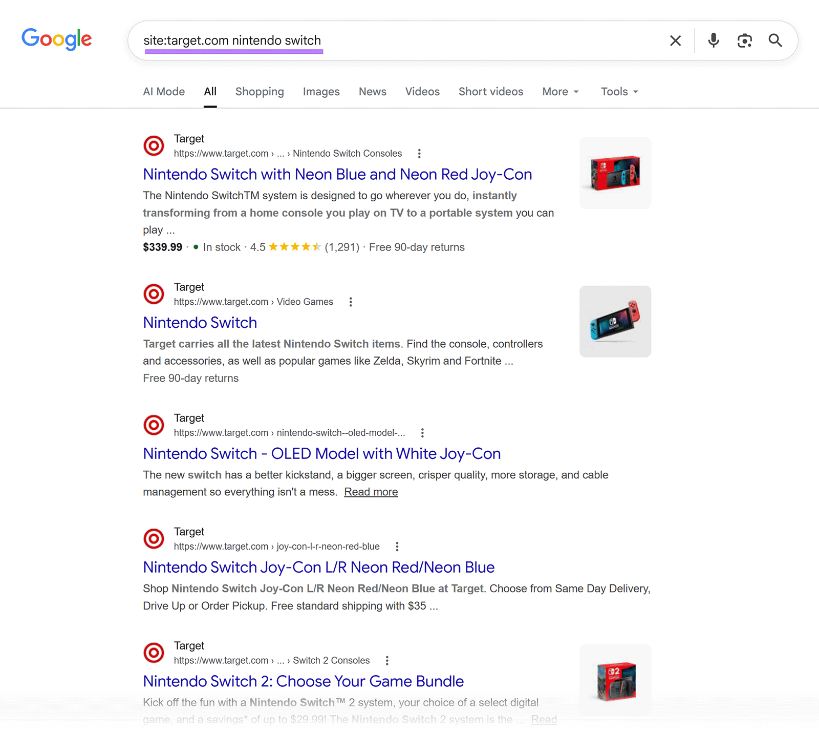 Google search results for a site search showing multiple Target pages ranking for “nintendo switch”
