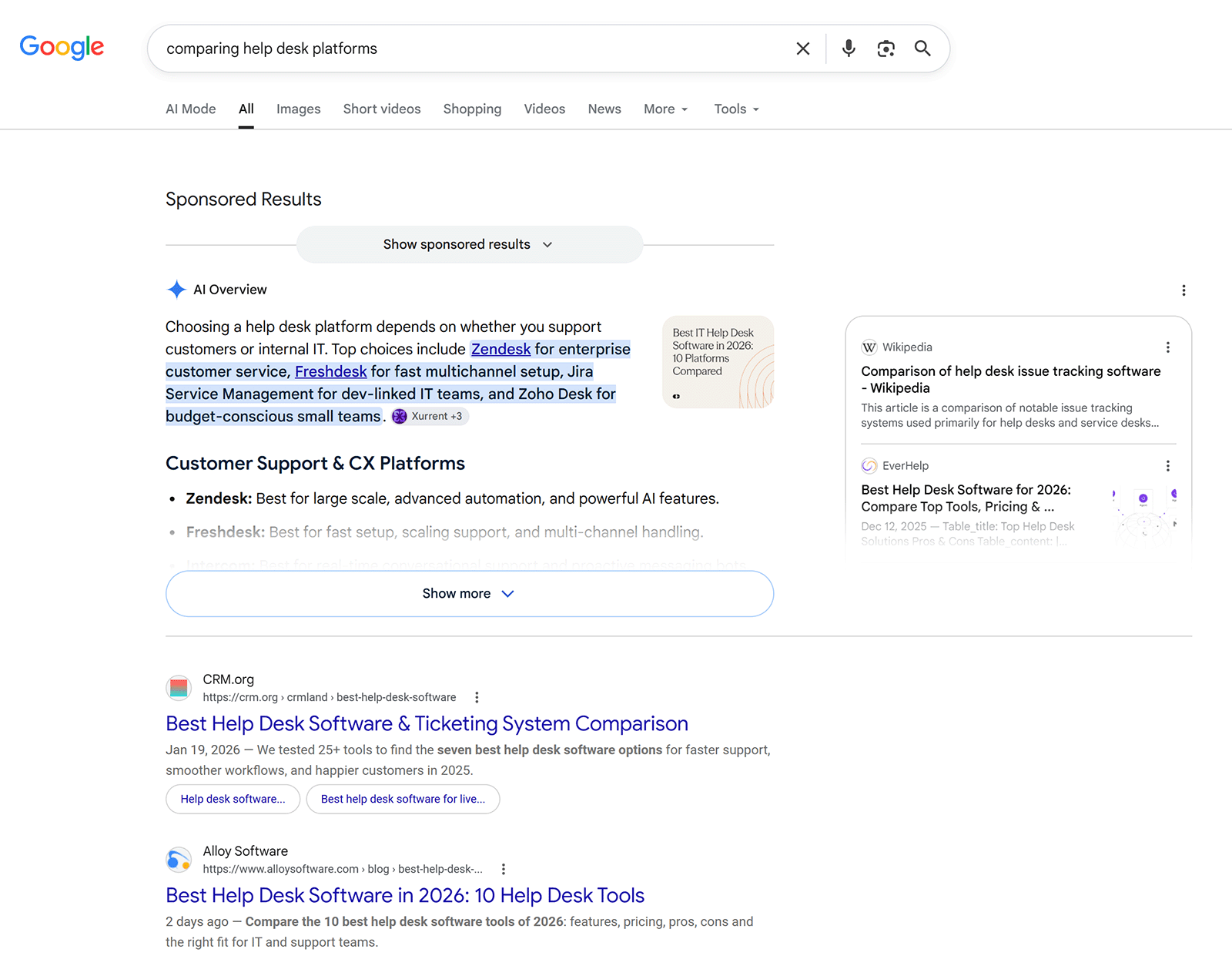 Google results for “comparing help desk platforms” showing an AI Overview and organic search results