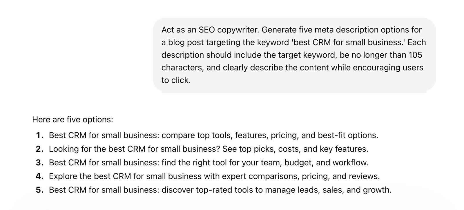 Generating five SEO-friendly meta description ideas for a blog post on ChatGPT.