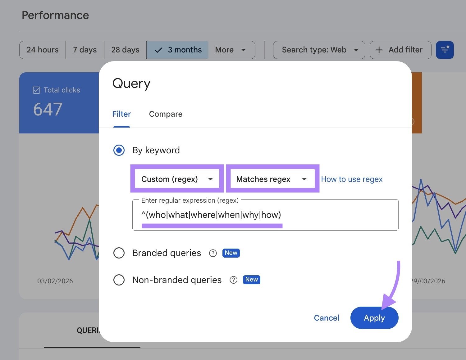 Applying the regex filter on GSC by selecting "Custom (regex)", "Matches regex", entering an expression, and clicking "Apply".