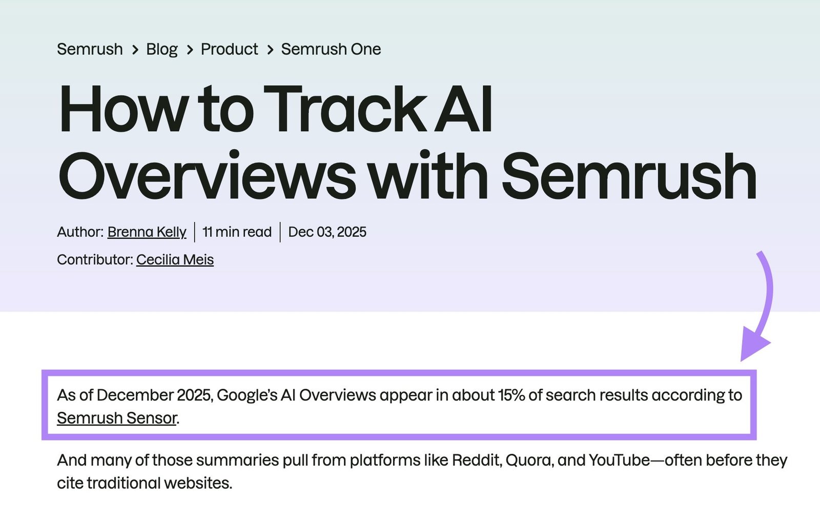 A specific statistic with a source and date on a blog post by Semrush.