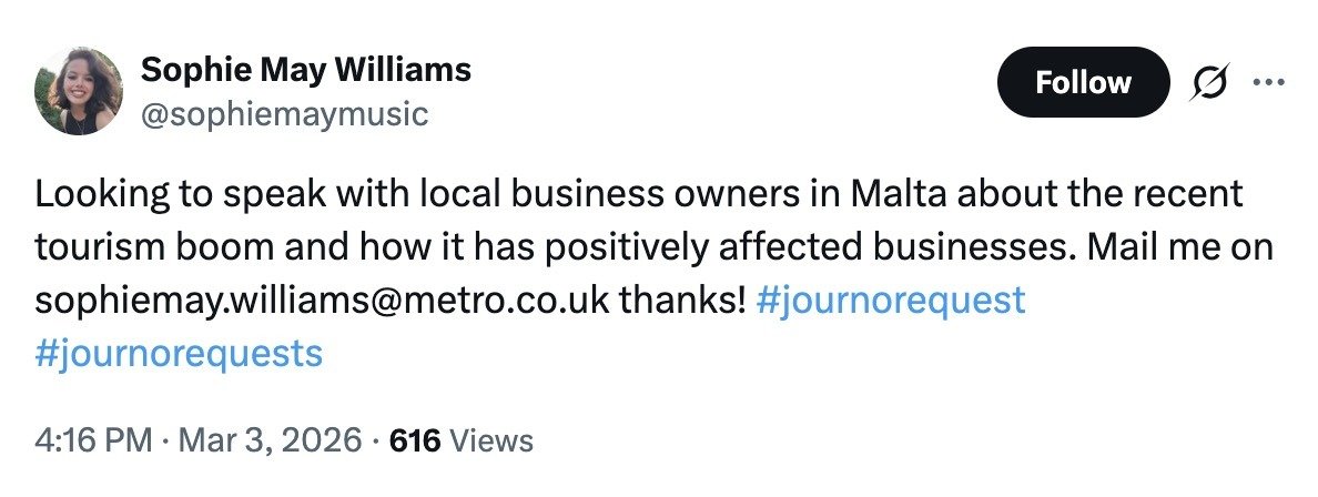 A post on X by a journalist looking to speak with local business owners in Malta.