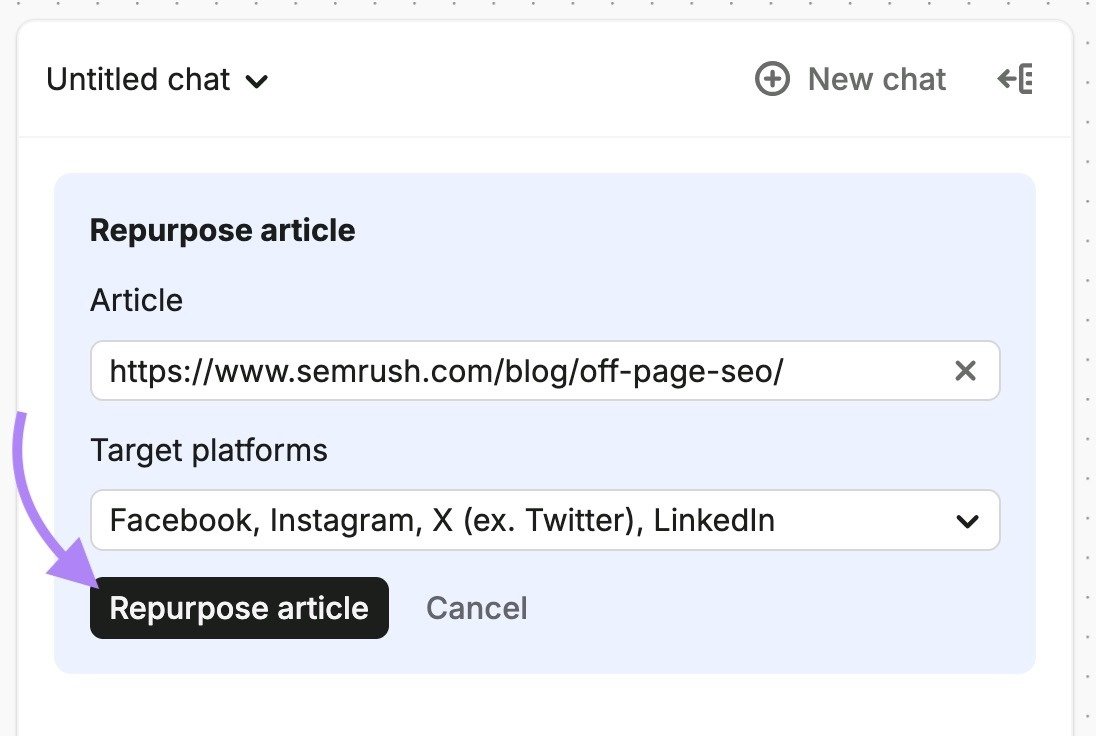 Content toolkit settings with an article URL entered, target platforms selected, and "Repurpose article" clicked.