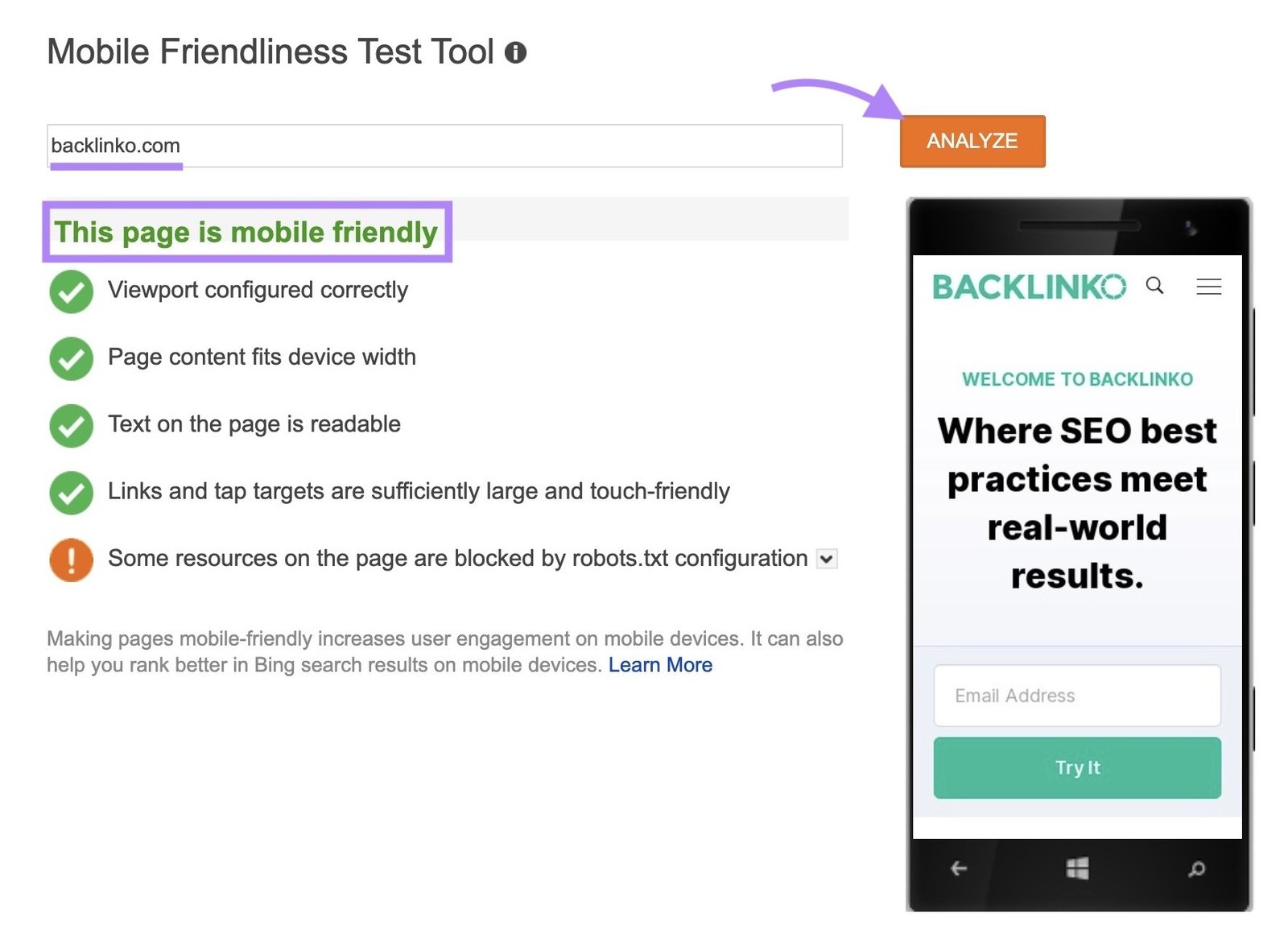 Bing’s Mobile Friendliness Test Tool with "backlinko.com" entered, "Analyze" clicked, and the result "This page is mobile friendly" highlighted.