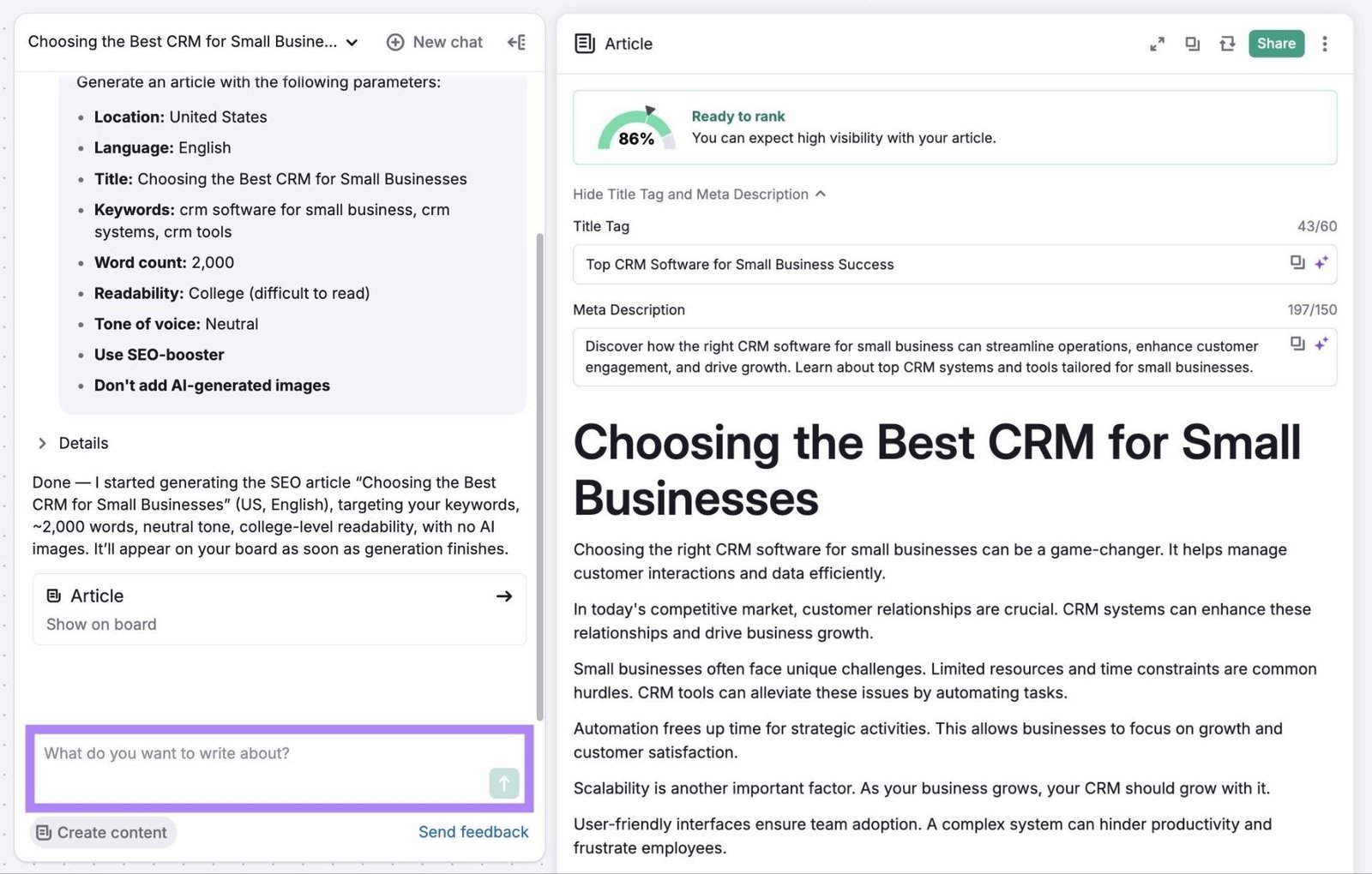 Content generated on the AI Article Generator with the chat box on the bottom-left highlighted.