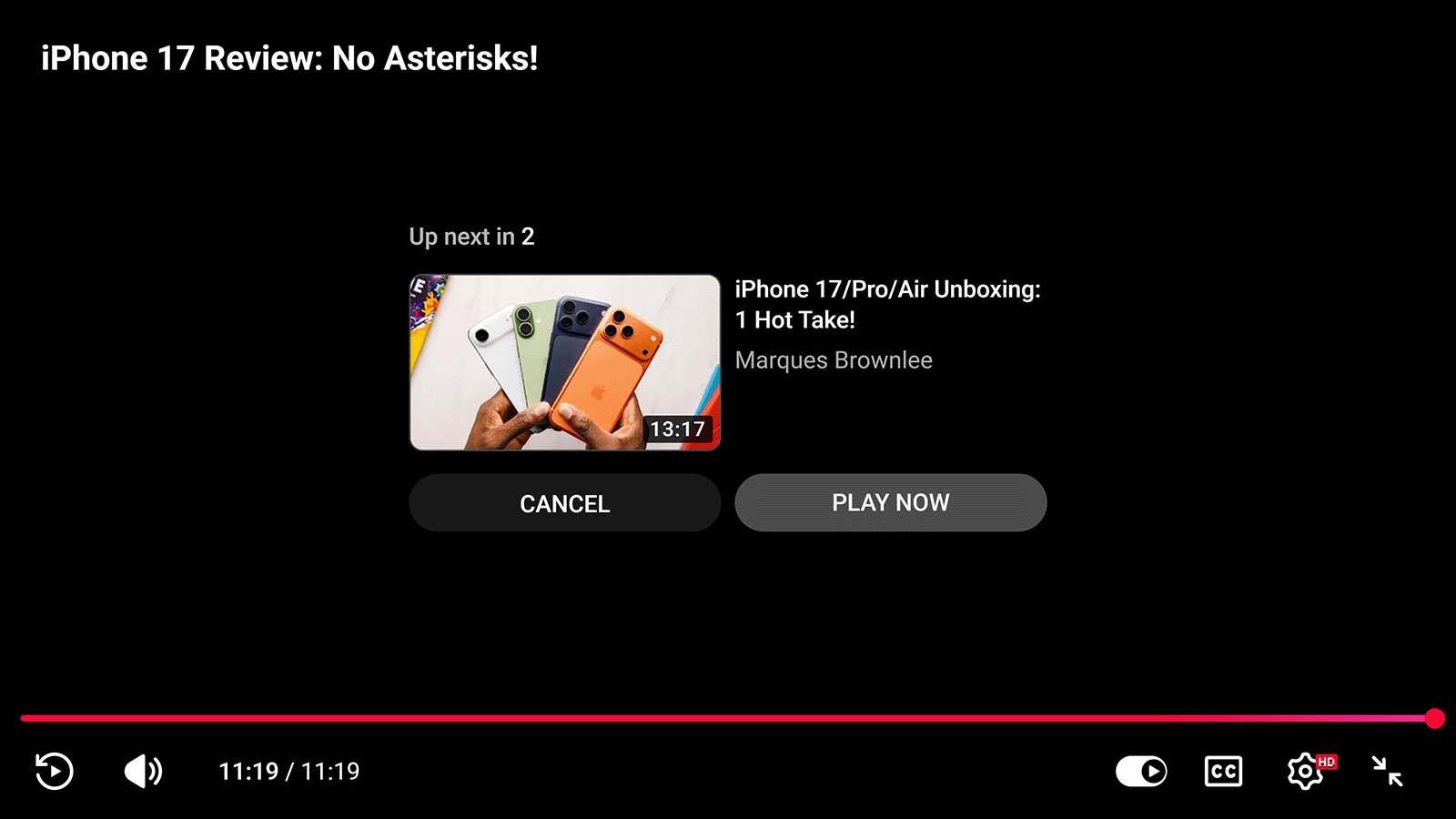 YouTube end screen showing recommended next video after playback ends
