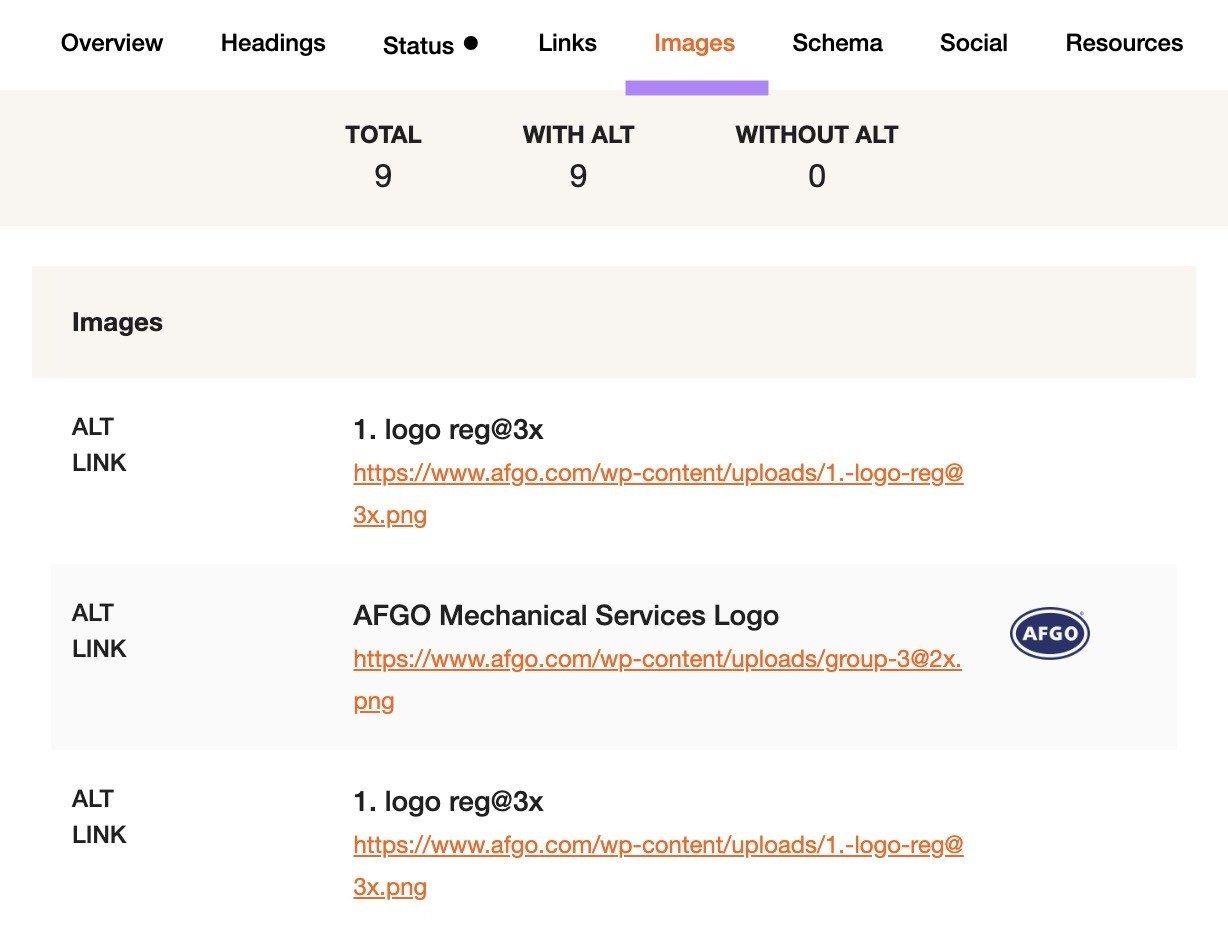 The "Images" tab on the SEO Pro Extension showing total images on a page along with how many have and don't have alt text.