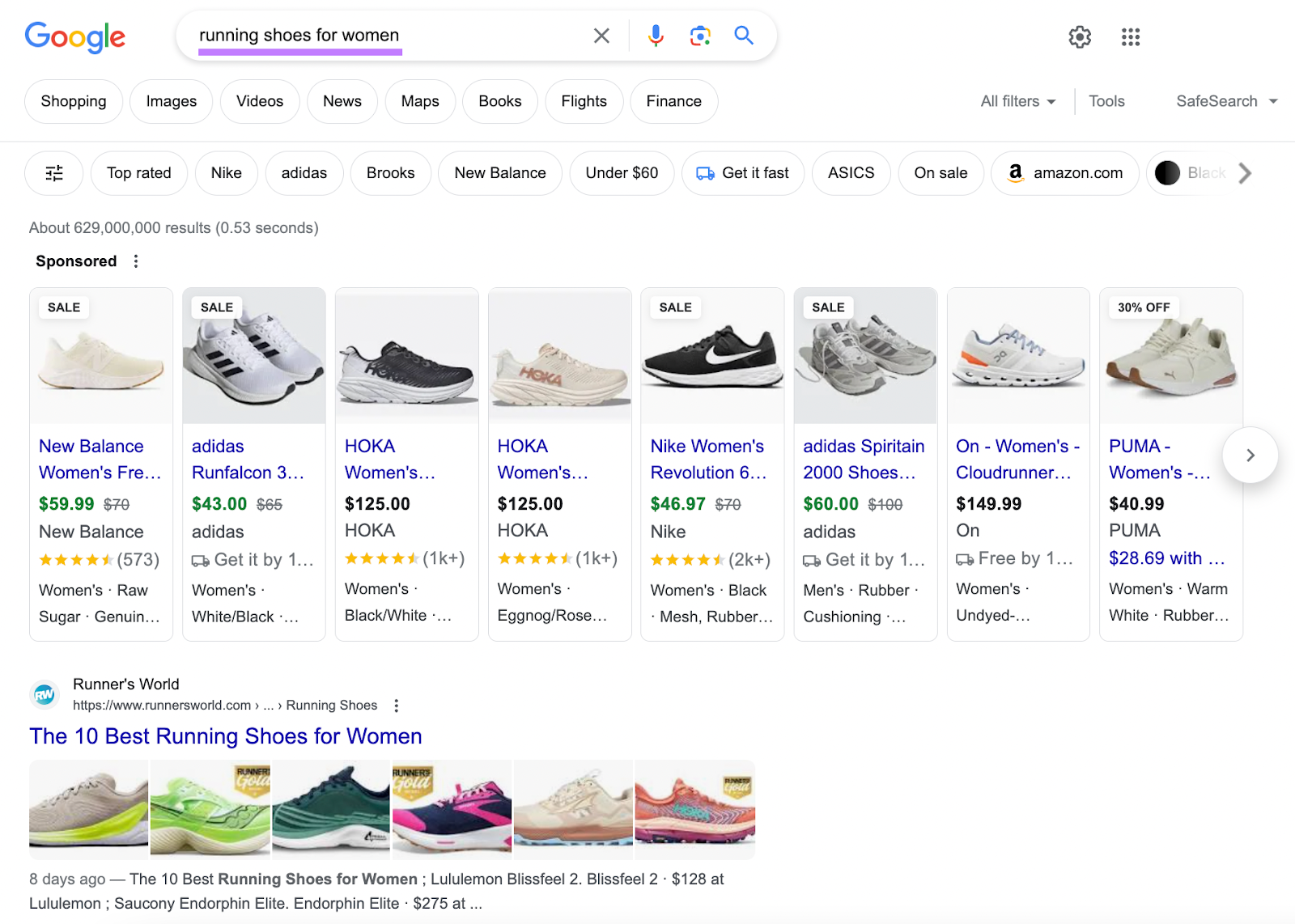 Google's SERP for "running shoes for women"