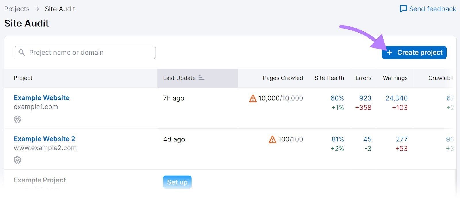 “+ Create project” button in Site Audit