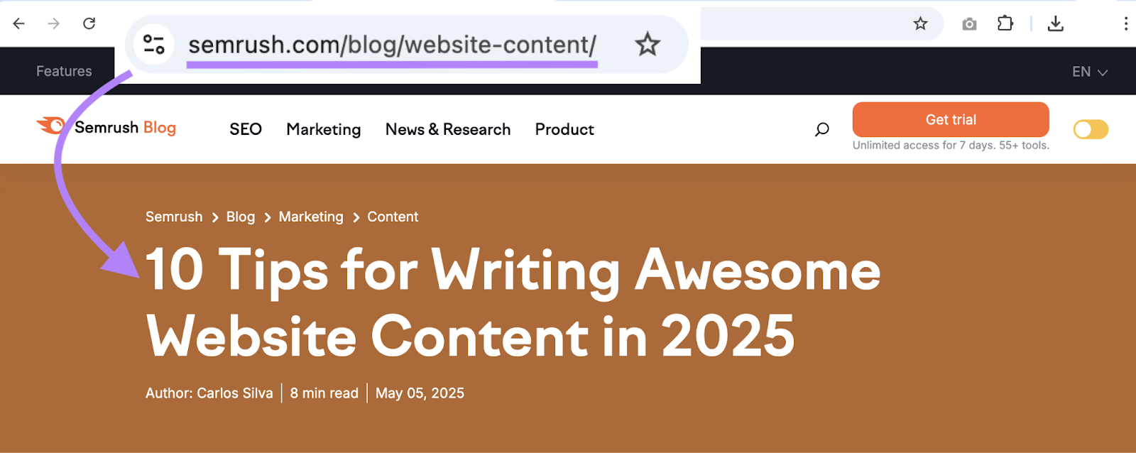 A blog titled 10 tips for writing awesome web content is at the URL sem2.pakflow.site/blog/website-content.